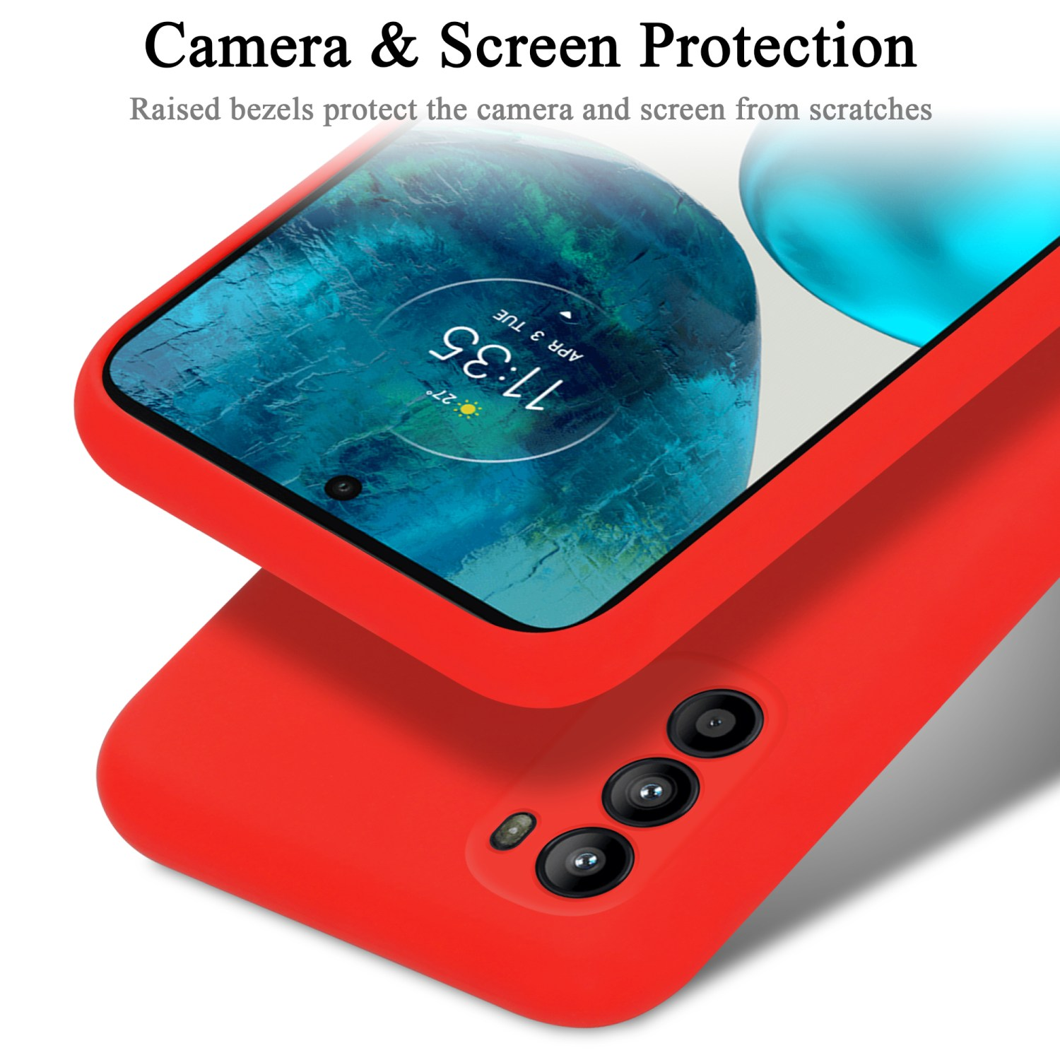 Eine rote Handyhülle mit einem Telefon darin, die Kamera und den Bildschirmschutz hervorhebt.