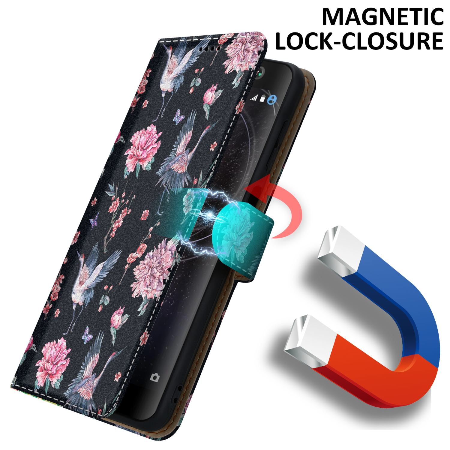 Una custodia per telefono con un design floreale, con chiusura magnetica per la protezione dello schermo.