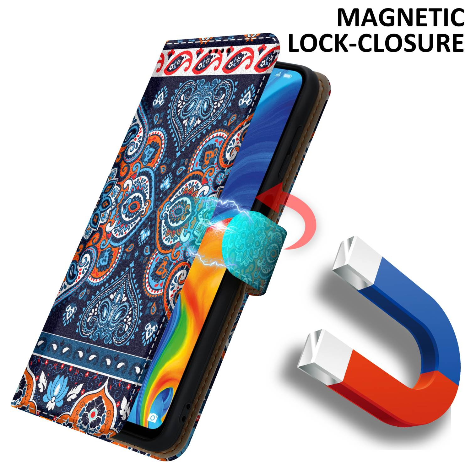Eine Handyhülle mit blauem und orangefarbenem Muster ist geöffnet, wobei ein Magnet die Klappe anzieht.