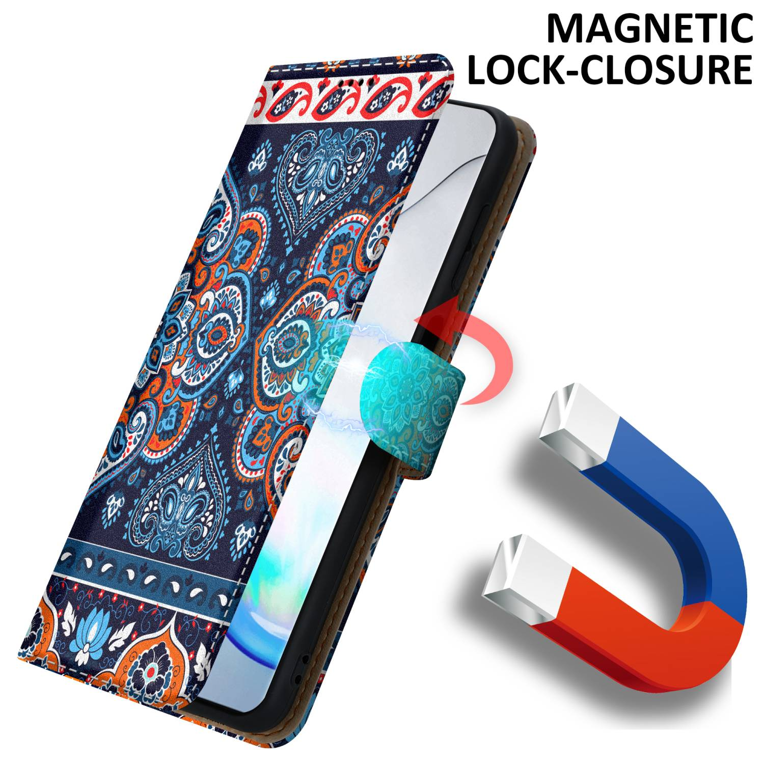 Custodia per telefono con motivo e chiusura magnetica.
