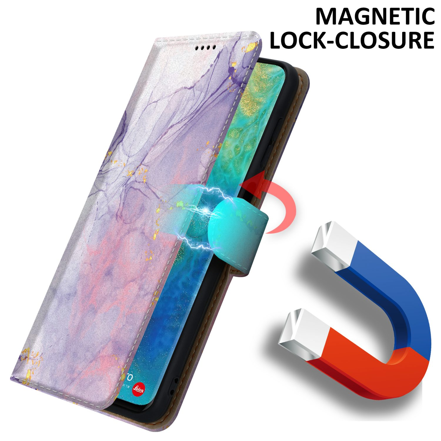 Handyhülle, offen, mit einem Handy darin. Die Hülle ist marmoriert und schließt magnetisch.