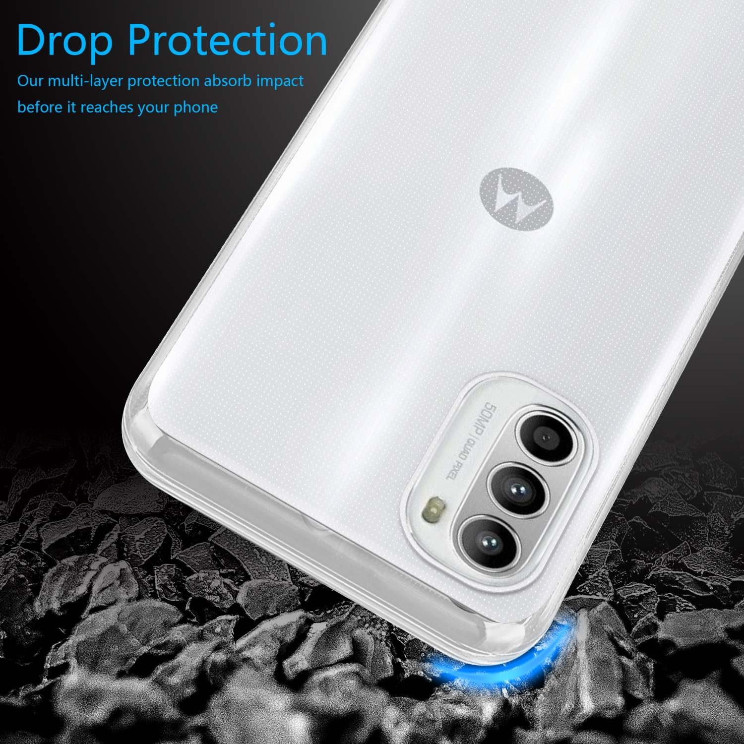 Custodia trasparente per telefono che protegge fotocamera e schermo.
