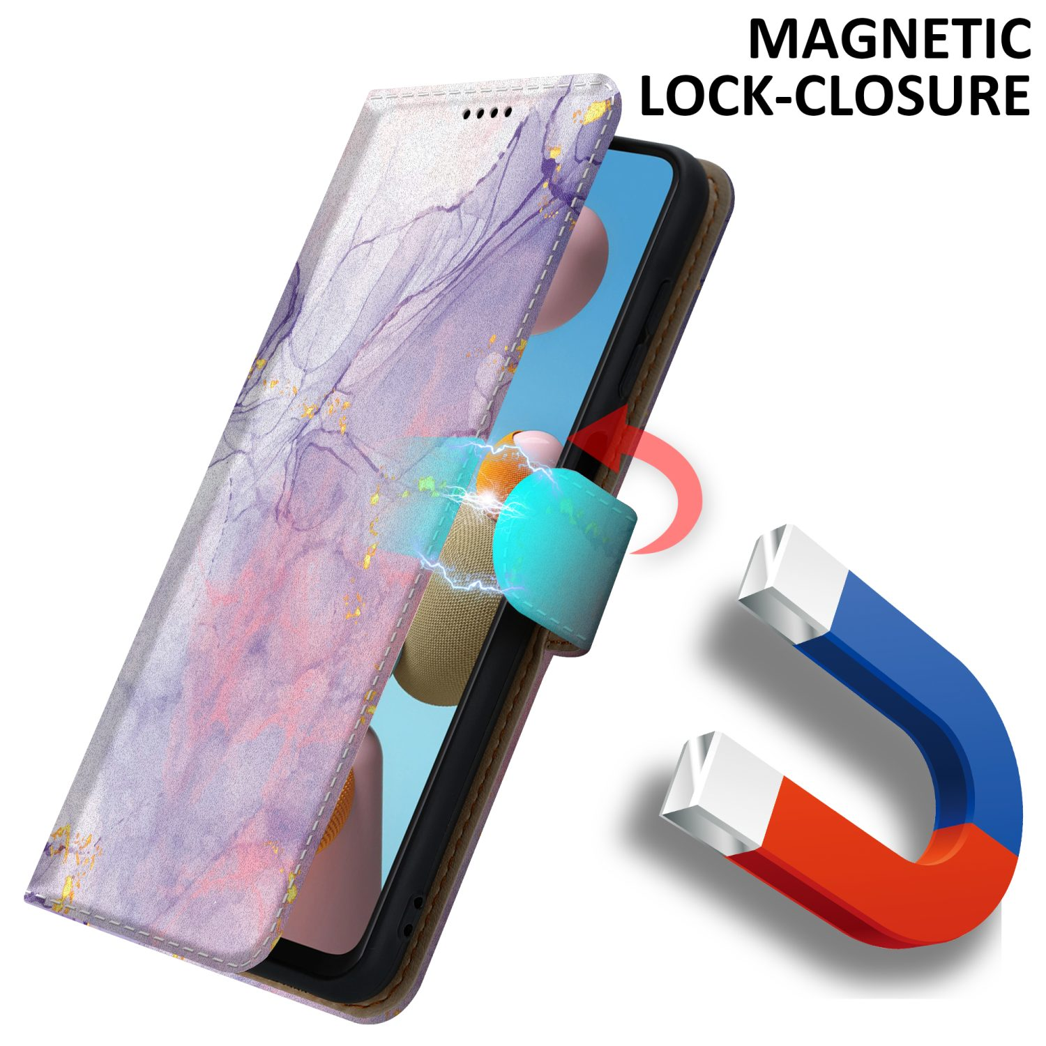 Handyhülle mit Magnetverschluss. Im Inneren befindet sich ein Telefon mit Marmordesign.