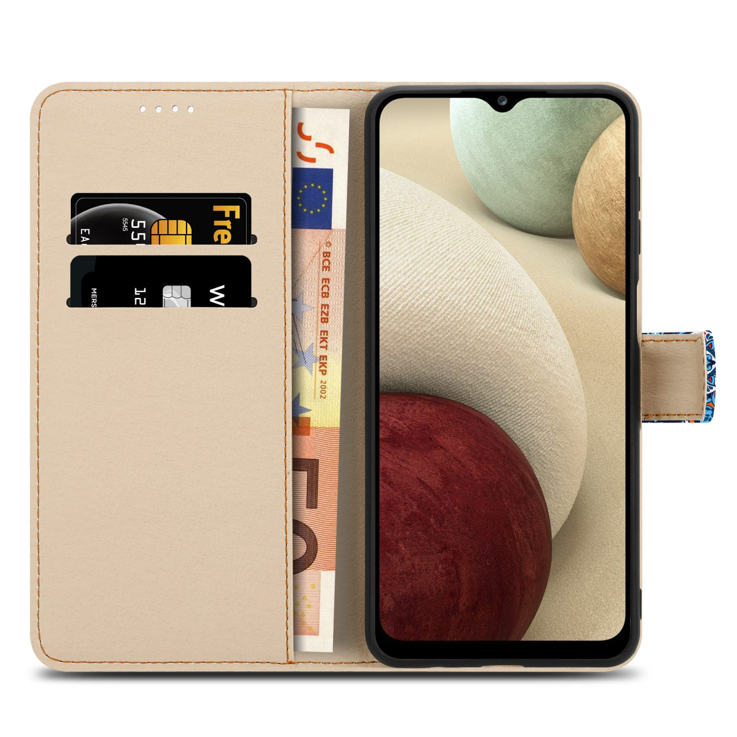 Portafoglio beige per telefono con carte e euro. Il telefono ha uno schermo con forme astratte.