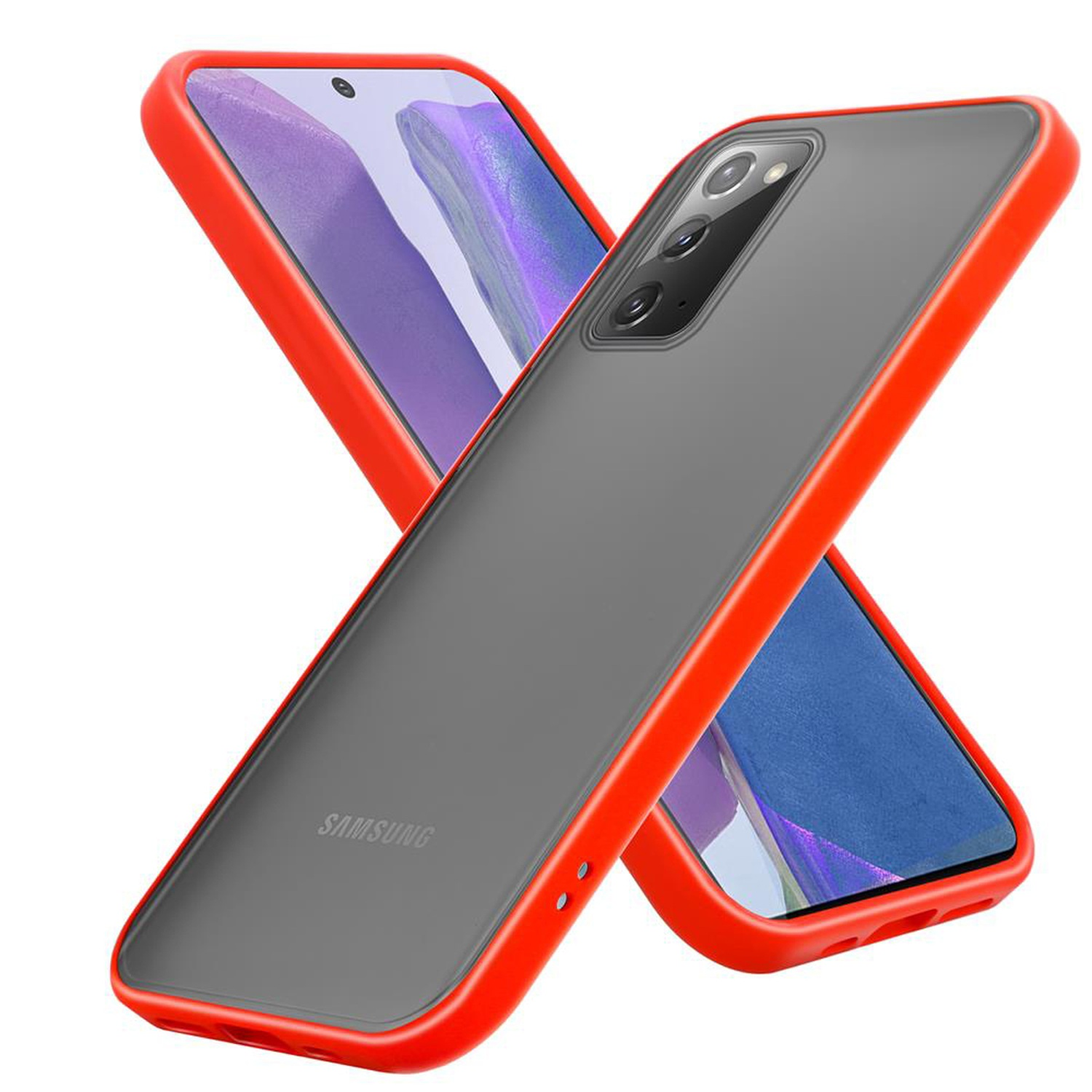 Due custodie per telefono, una rossa, una grigia, con bordo rosso e Samsung.