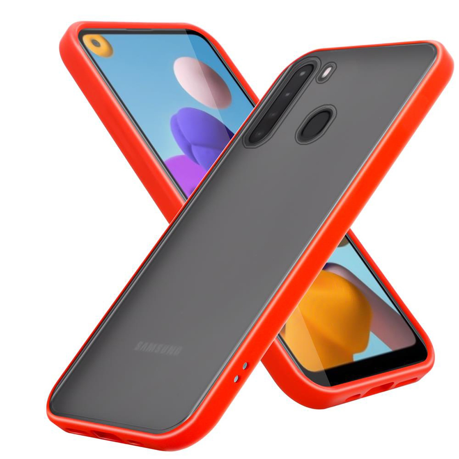 Zwei Telefone. Eines mit roter Hülle, das andere mit grauer Hülle, beide abgewinkelt. Die Hintergründe sind unscharf.