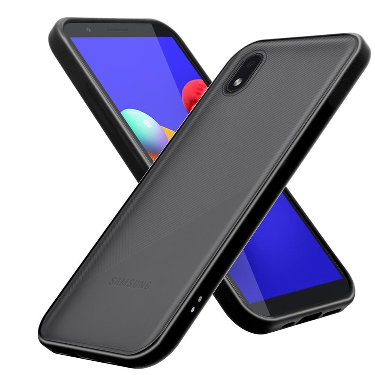 Zwei schwarze Telefone mit Hülle, eines über dem anderen, in einem Winkel positioniert.