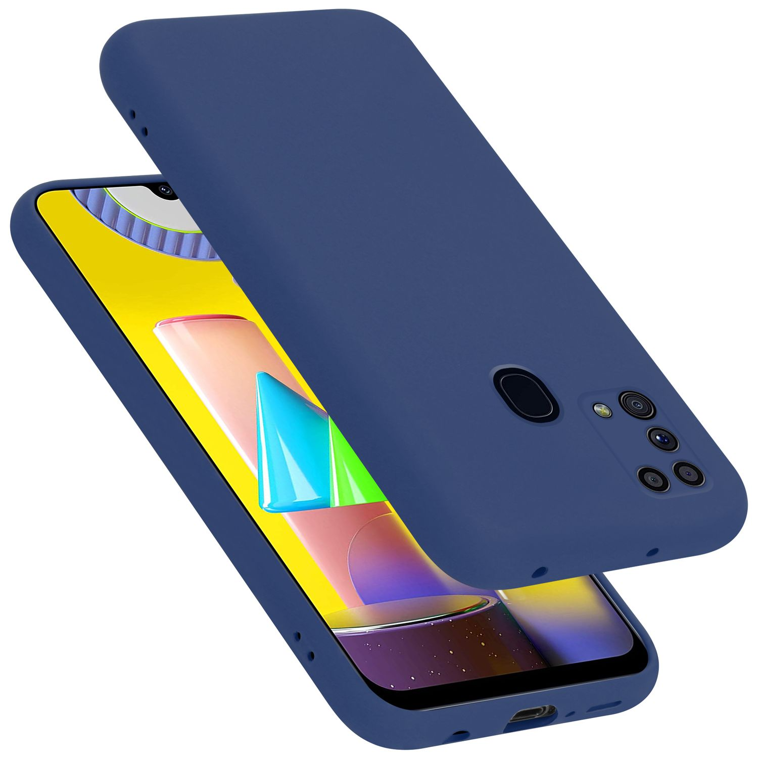 Custodia blu per telefono sopra un telefono blu. La custodia copre lo schermo e il telefono.
