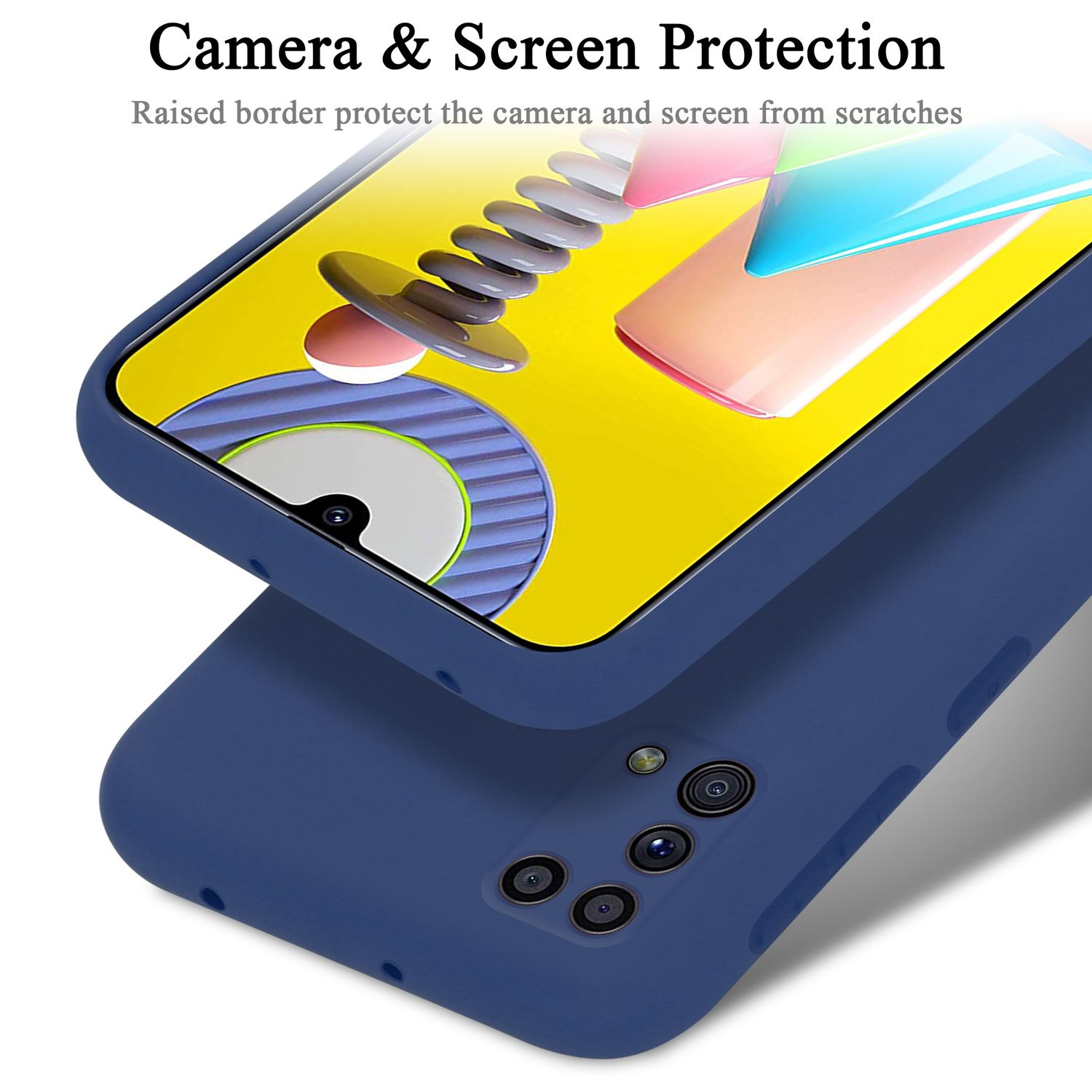 Una custodia blu per telefono che protegge il telefono, con lenti della fotocamera visibili.