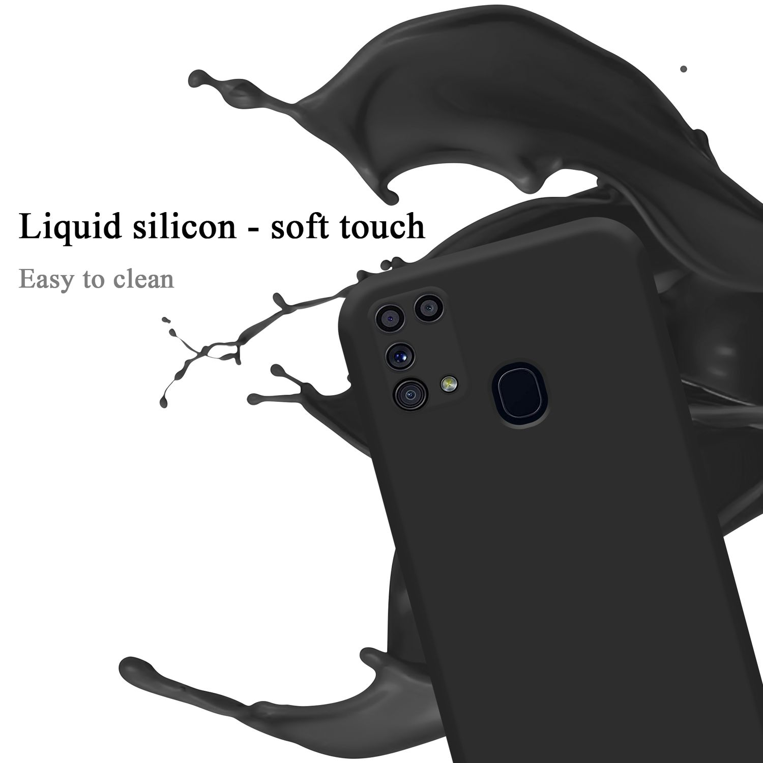Custodia per telefono nera con schizzo di liquido nero intorno.