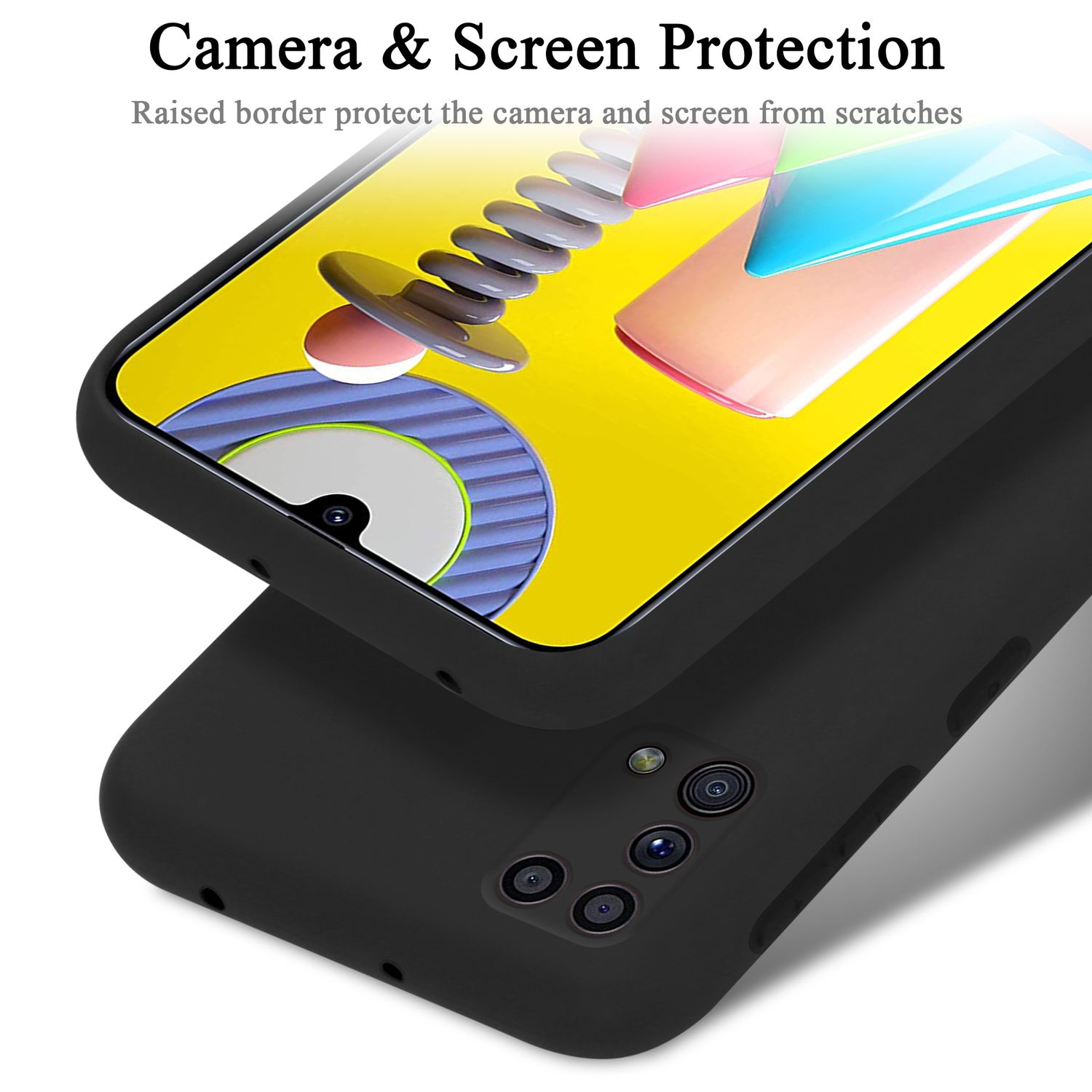 Una custodia nera per telefono con un telefono all'interno, che mostra la fotocamera e lo schermo.
