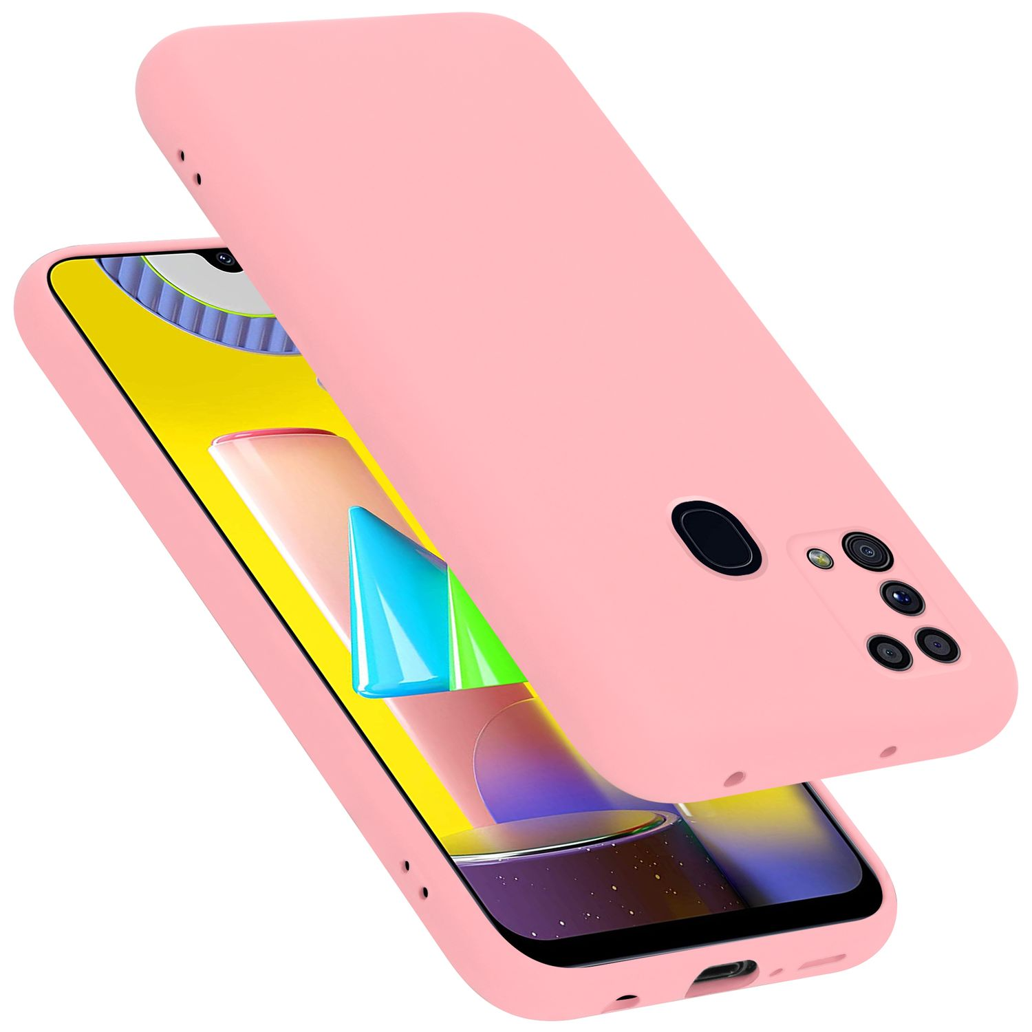 Custodia per telefono rosa. Due custodie mostrate, una sopra un telefono, l'altra accanto.