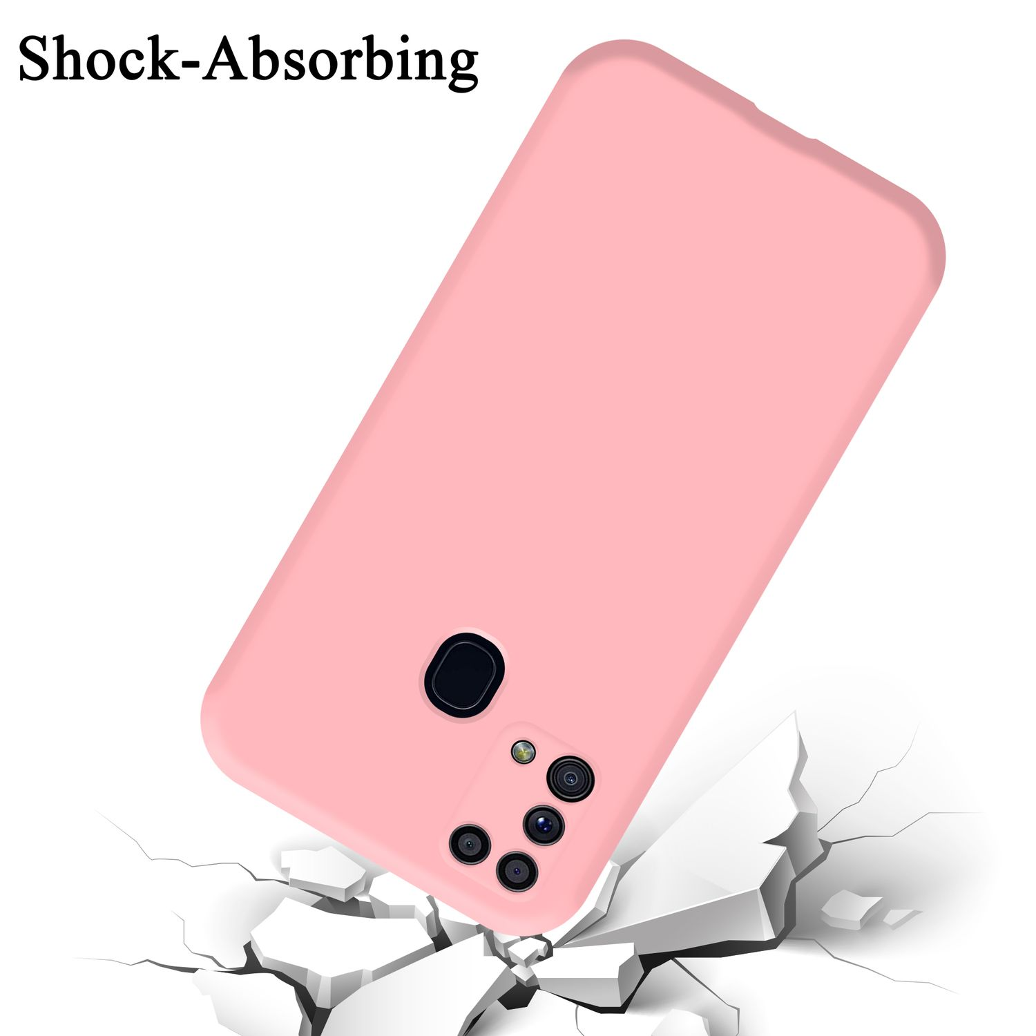 Custodia rosa con fotocamere e flash, superficie incrinata sottostante. Testo: Assorbimento degli urti.