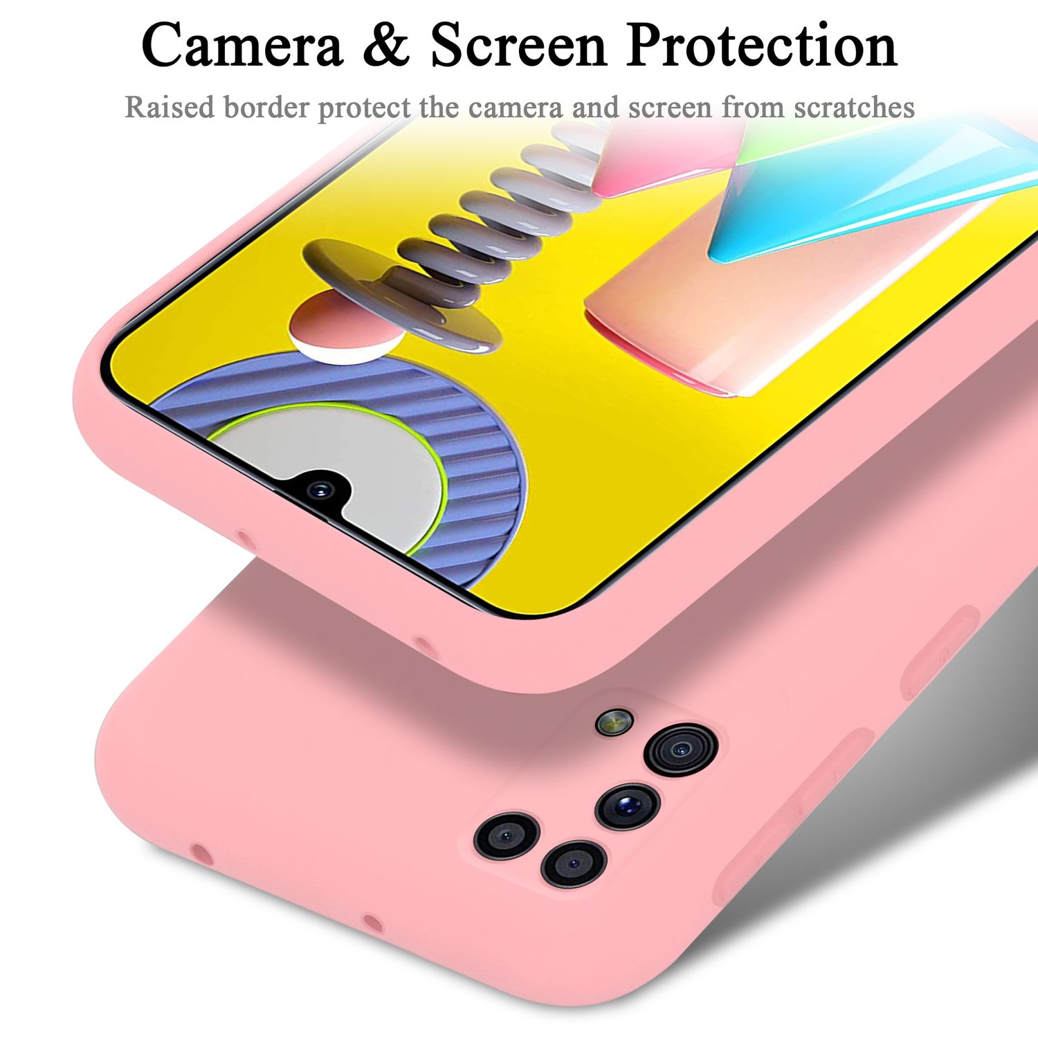 Custodia rosa che protegge schermo e fotocamera. Testo: Protezione fotocamera e schermo.