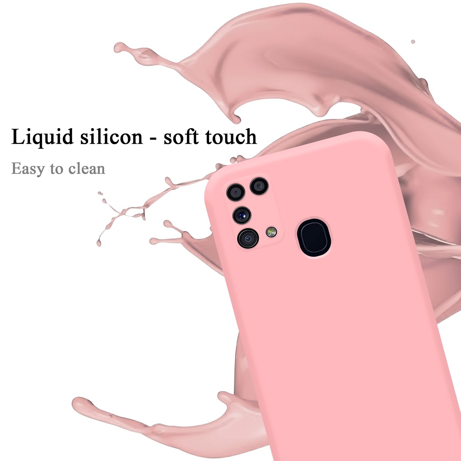 Custodia rosa per telefono con fori per fotocamera, schizzi di liquido rosa sullo sfondo. Testo: Silicone liquido - tocco morbido, facile da pulire.
