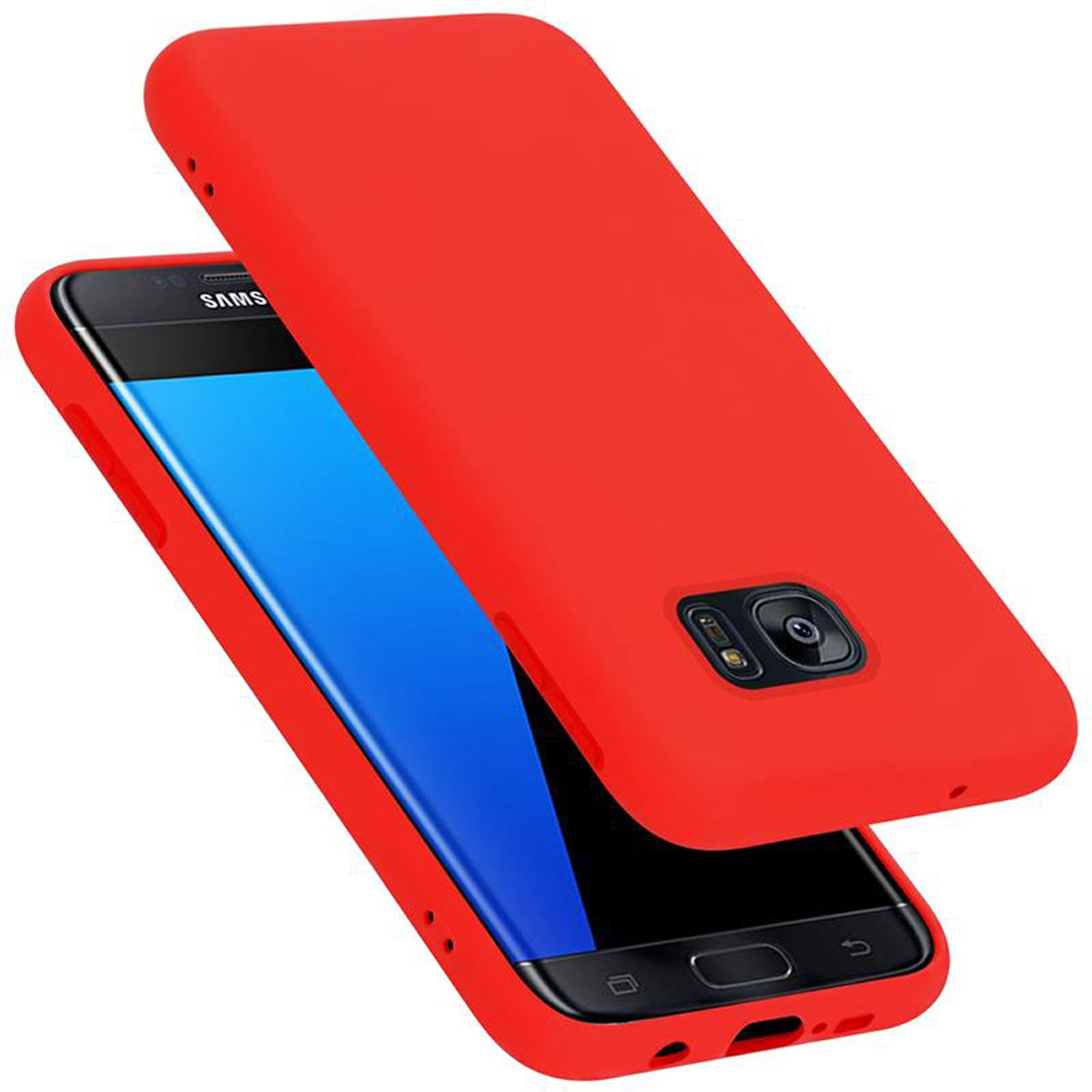 Rote Telefonhülle mit blauem Telefon, mit Kamera und Knöpfen. Weißer Hintergrund.