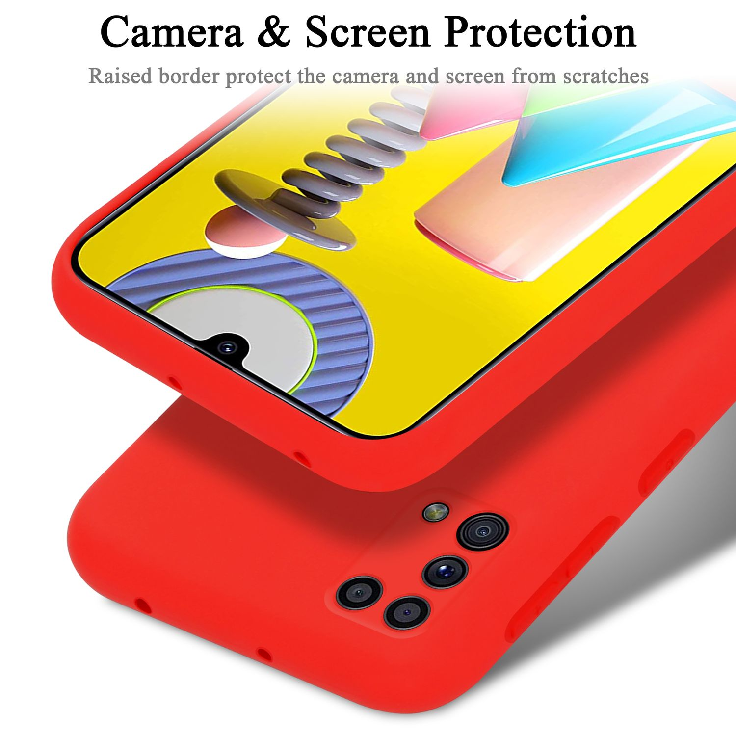 Custodia per telefono rossa con un telefono dentro, che mostra la fotocamera e lo schermo.