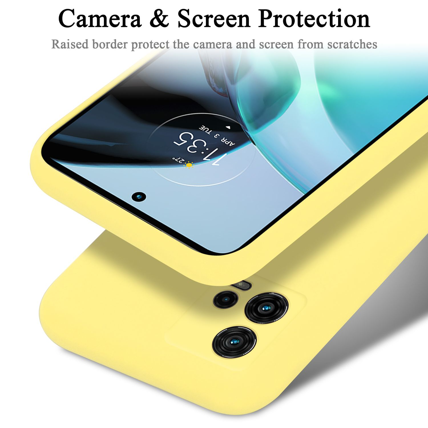 Custodia per telefono che protegge schermo e fotocamera. La custodia è gialla.