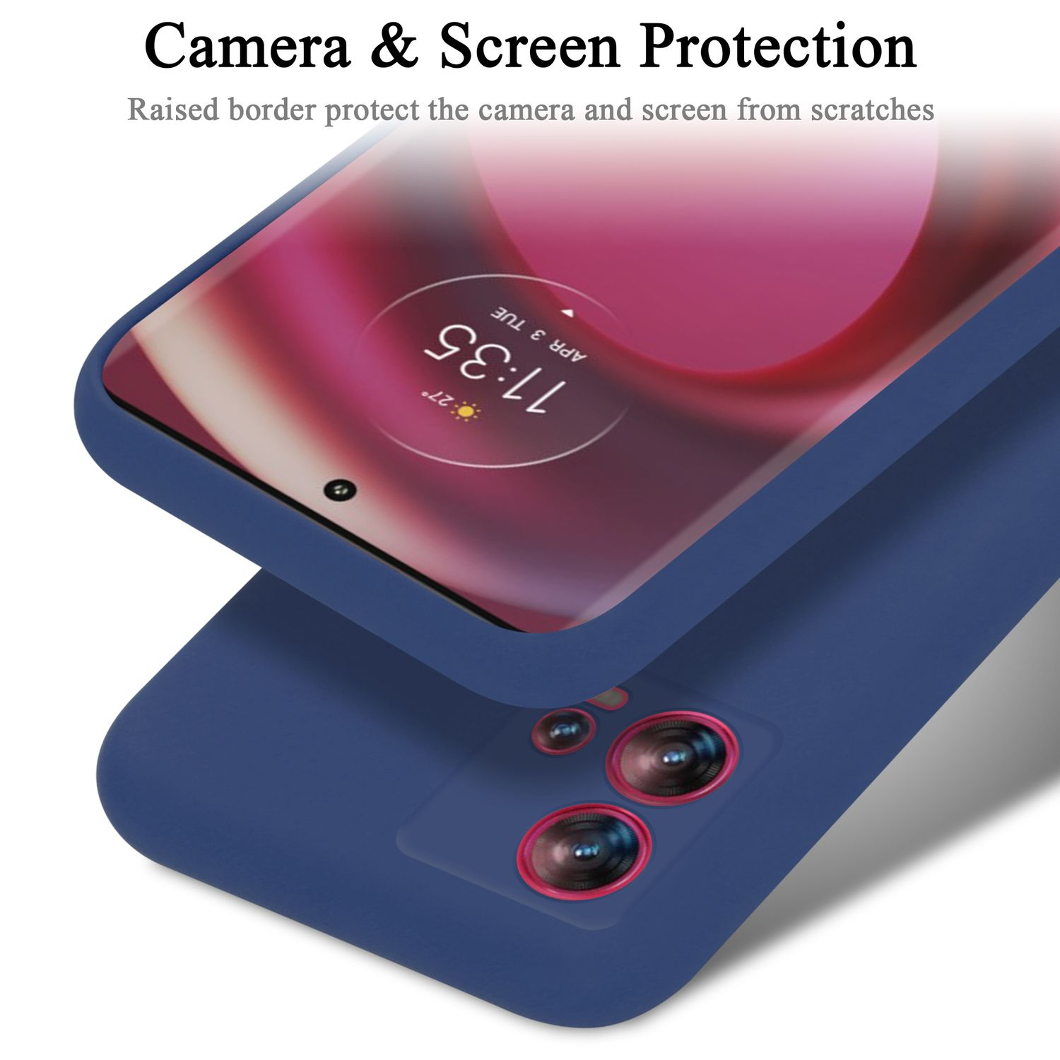 Blaue Handyhülle auf dem Telefon. Die Hülle bedeckt Rückseite, Seiten, Kamera und Bildschirm.