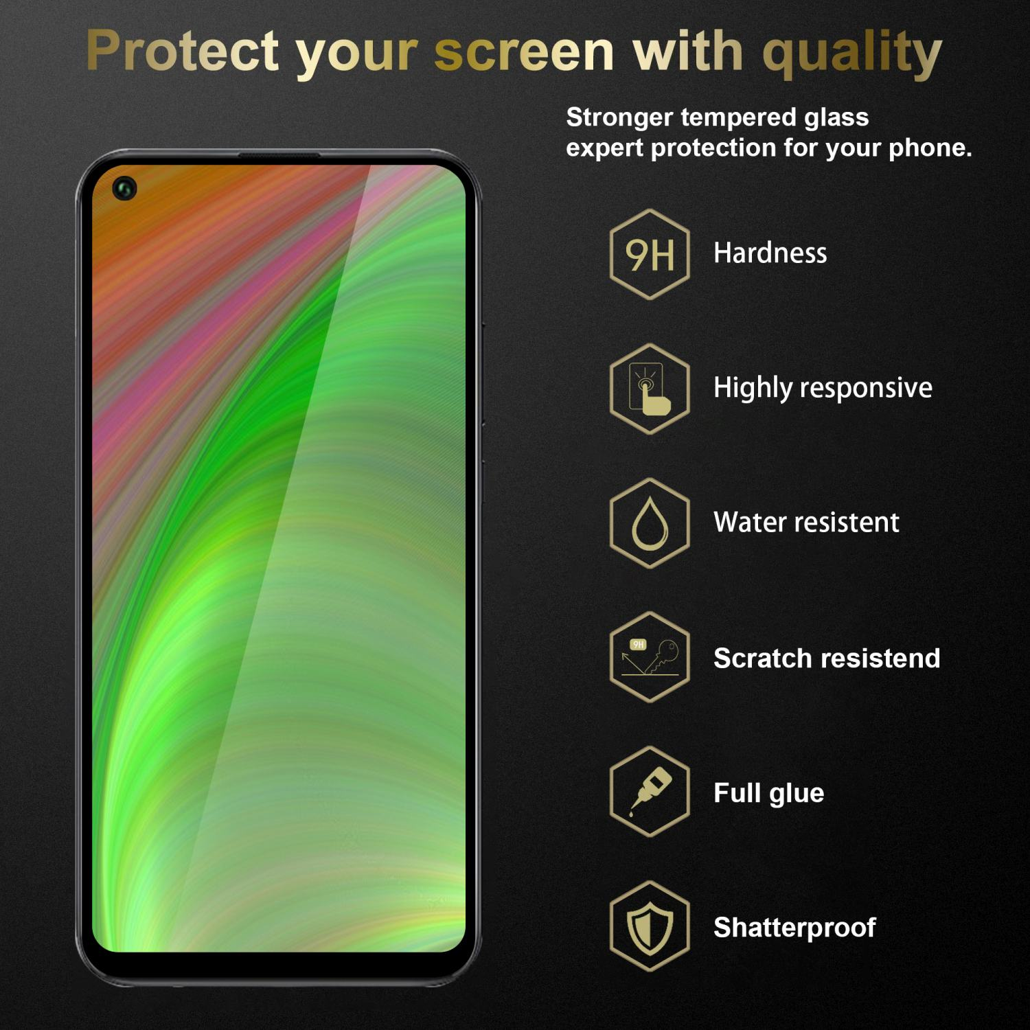 Proteggi schermo per smartphone con testo. Lo schermo è nero con motivi colorati. Sfondo nero.