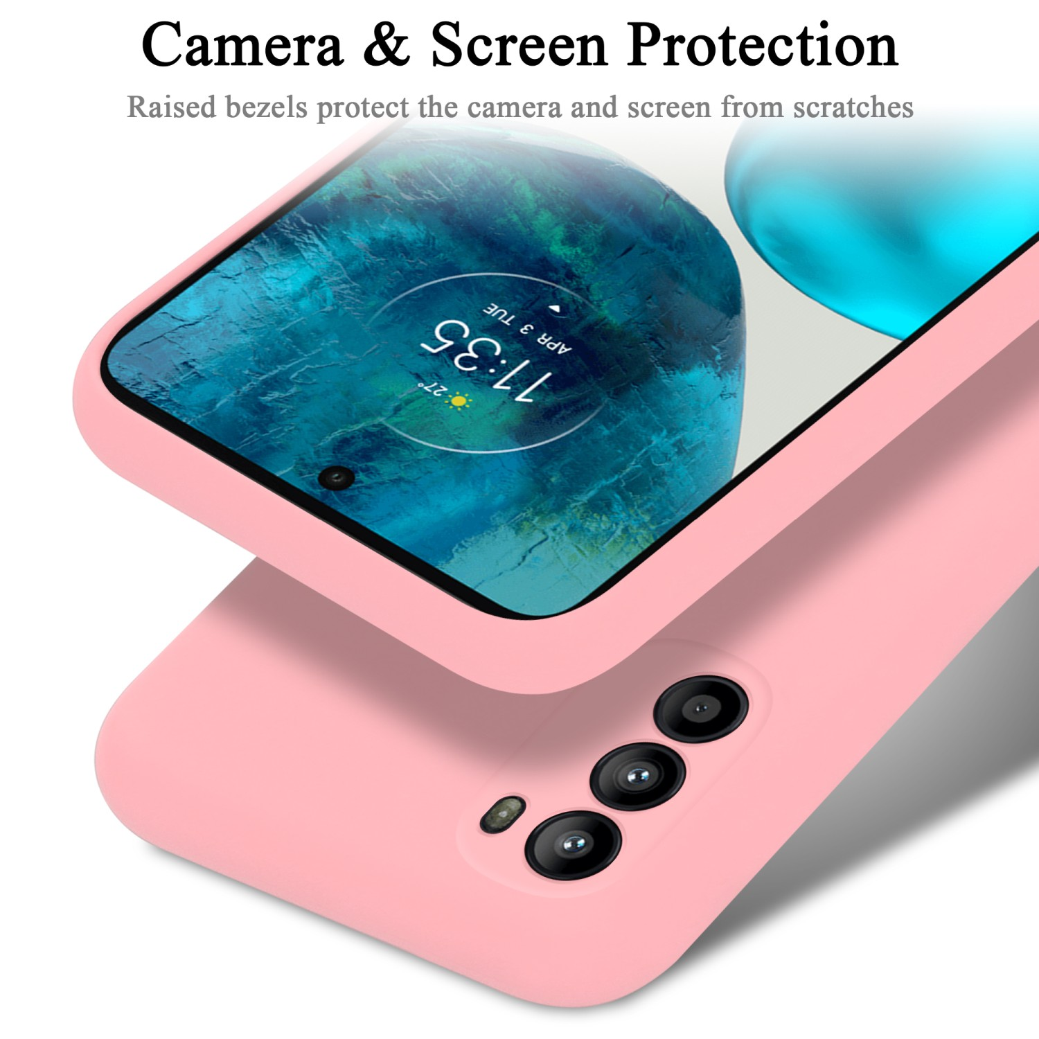 Eine rosa Handyhülle mit einem Telefon und einer Kameraausbuchtung.