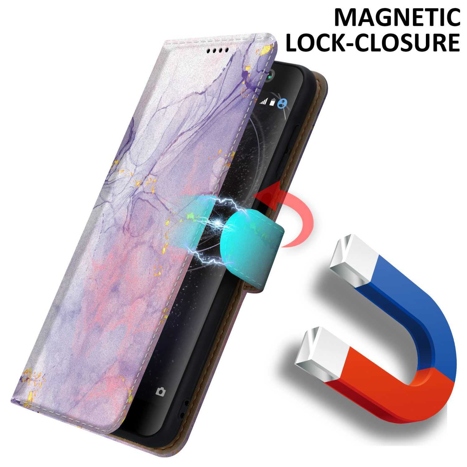 Custodia per telefono con chiusura magnetica. La custodia è viola e ha un design marmorizzato.