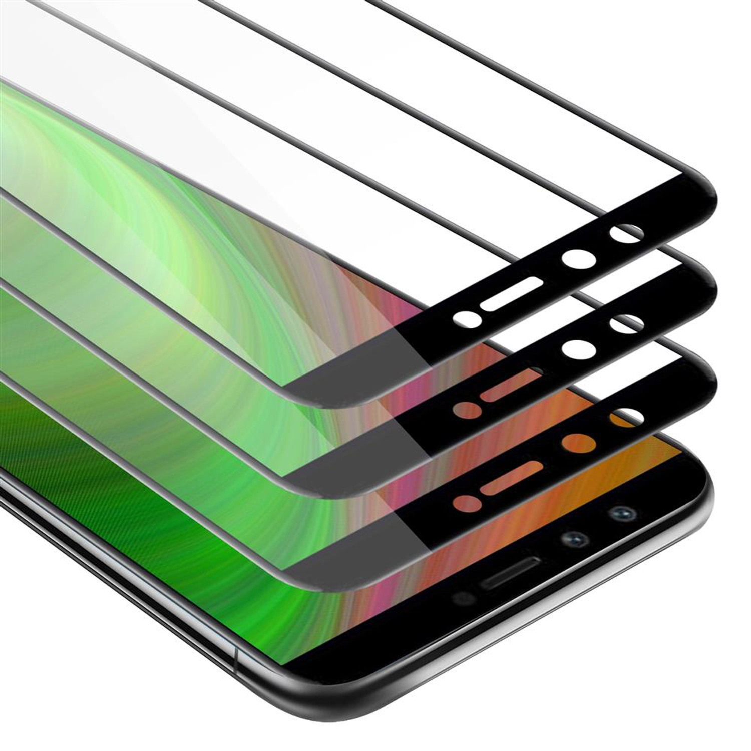 Tre protezioni schermo a strati su uno schermo del telefono, che mostrano colori diversi.