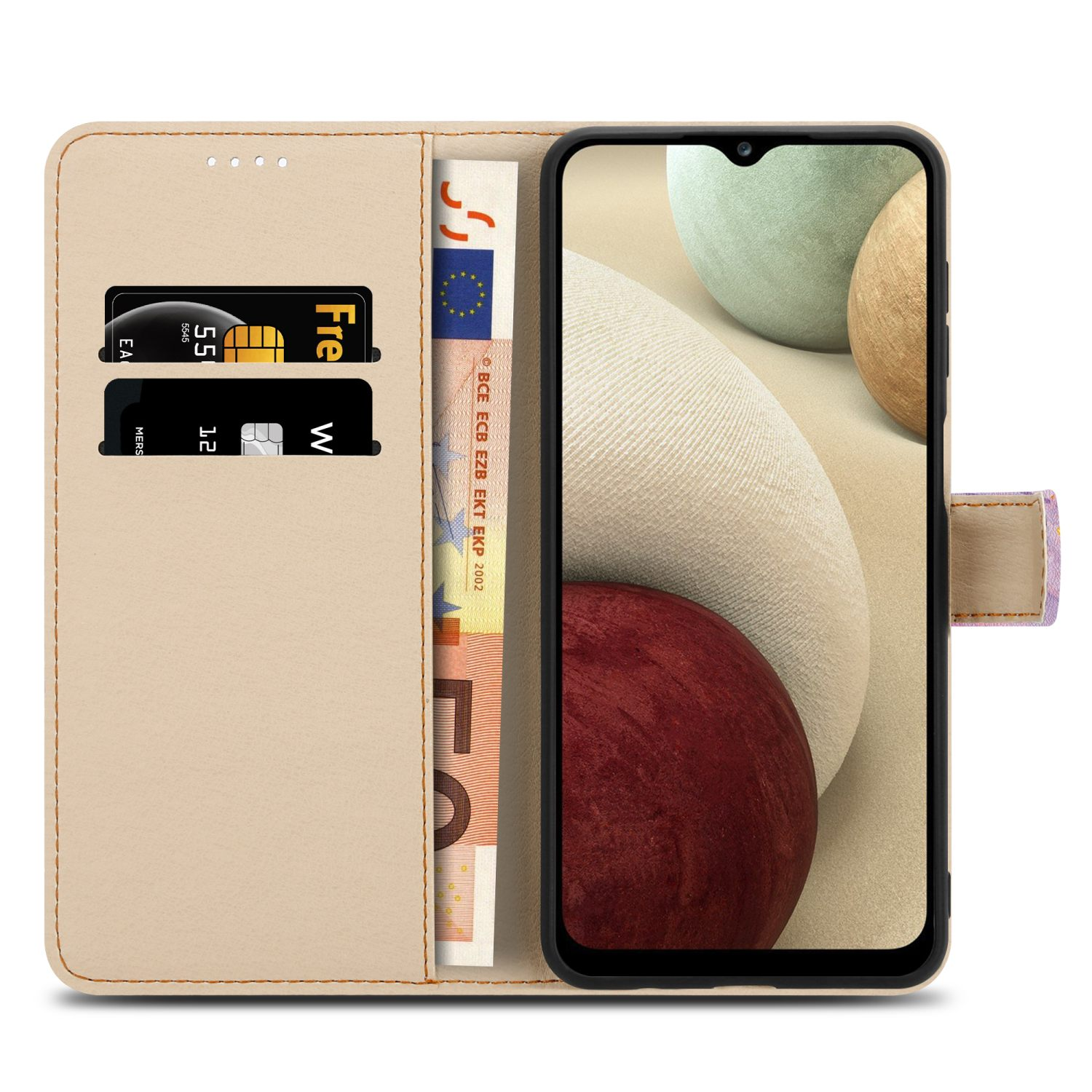Custodia del telefono aperta, che mostra un telefono con denaro e carte di credito all'interno. Colore beige.
