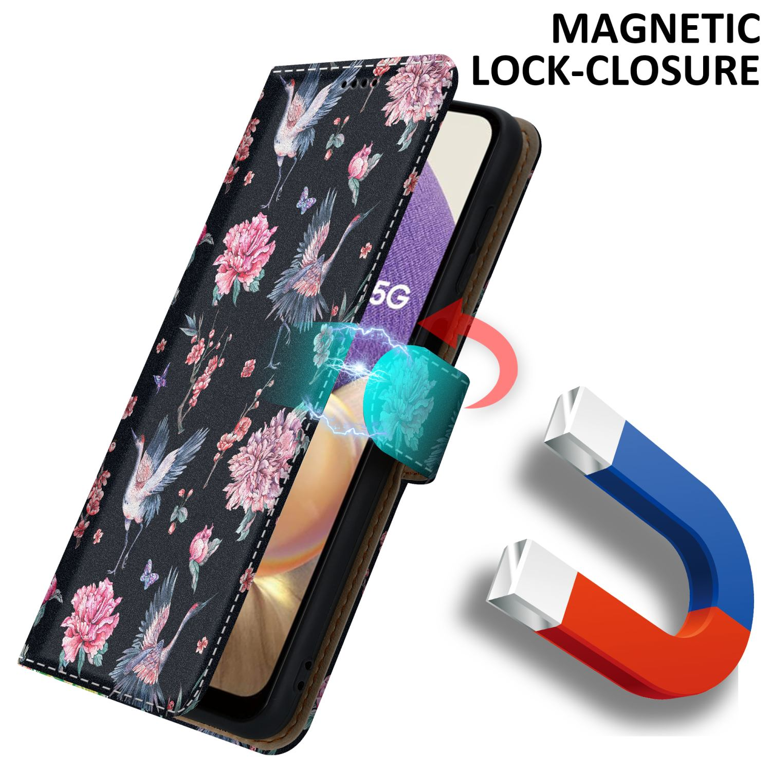 Custodia per telefono con design floreale, chiusura magnetica e telefono all'interno.