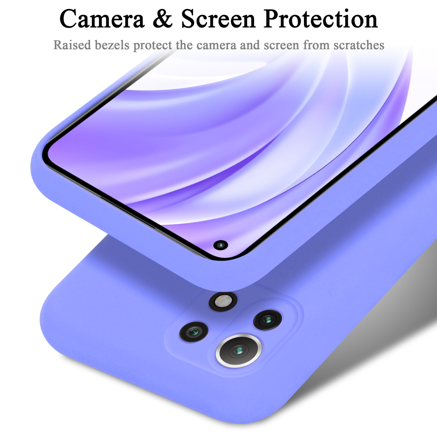Nahaufnahme einer lila Handyhülle mit einem Telefon darin. Der Bildschirm zeigt ein Design.