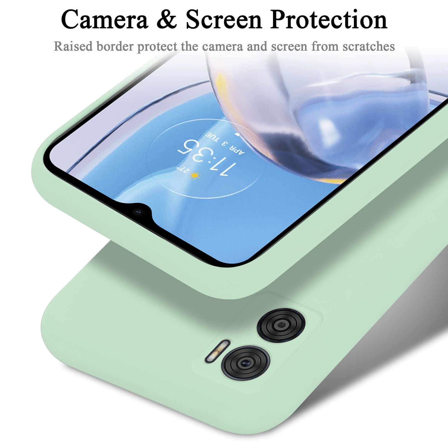 Eine hellgrüne Handyhülle mit einem Telefon darin. Kamera- und Bildschirmschutz sind hervorgehoben.