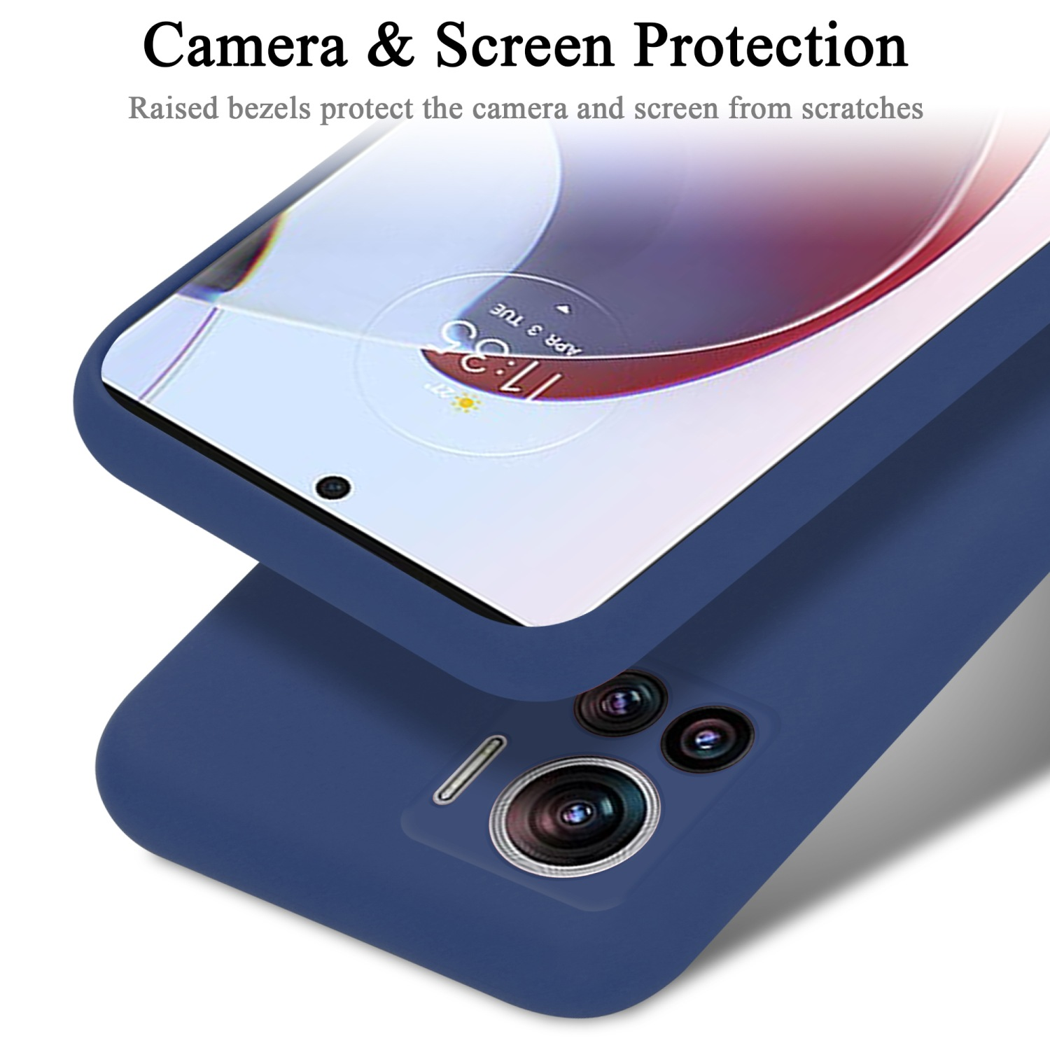 Custodia blu per telefono che protegge un telefono, primo piano che mostra lo schermo e le fotocamere, con la data.
