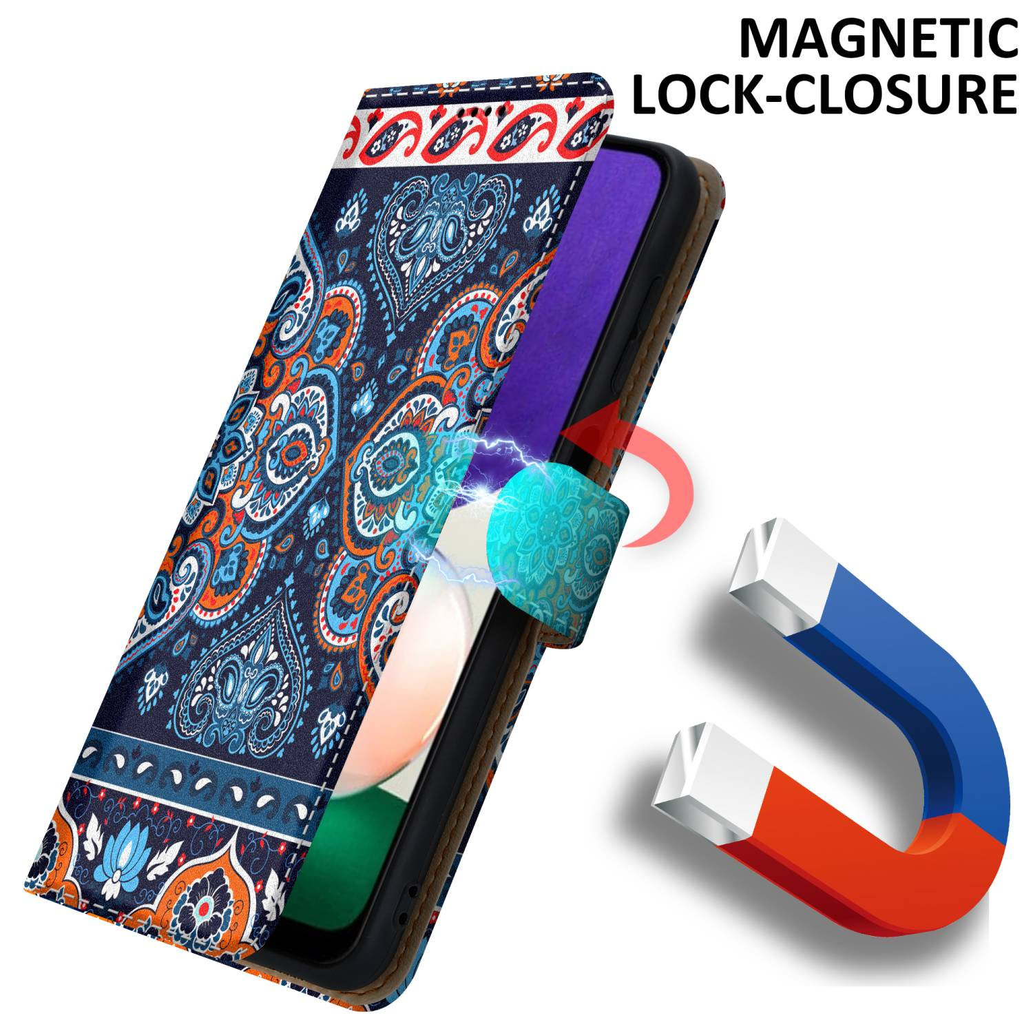 Eine Handyhülle mit gemustertem Design, die ein Telefon hält. Ein Magnet und die Worte 'MAGNETIC LOCK-CLOSURE' sind zu sehen.