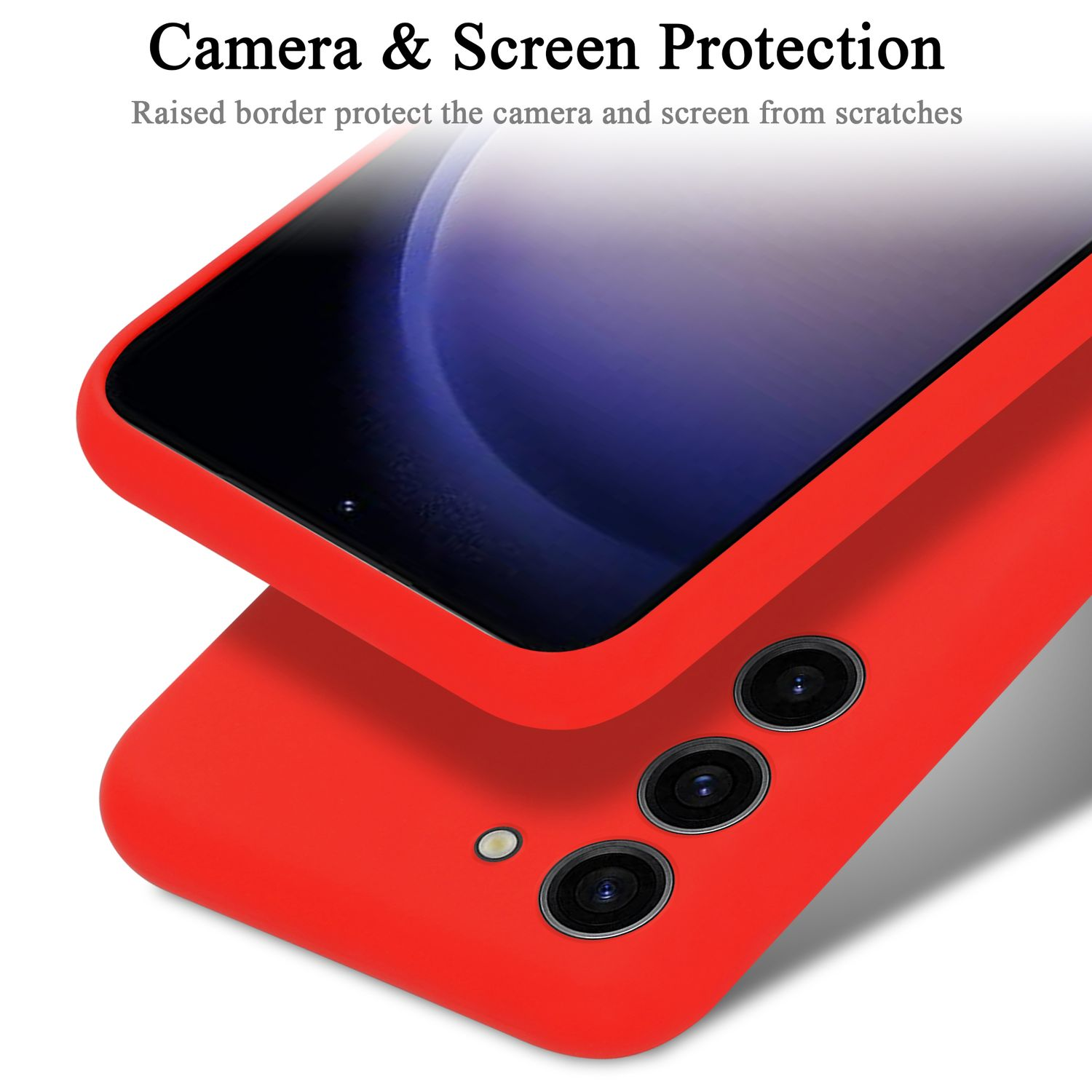 Custodia rossa per telefono, protegge fotocamera e schermo.