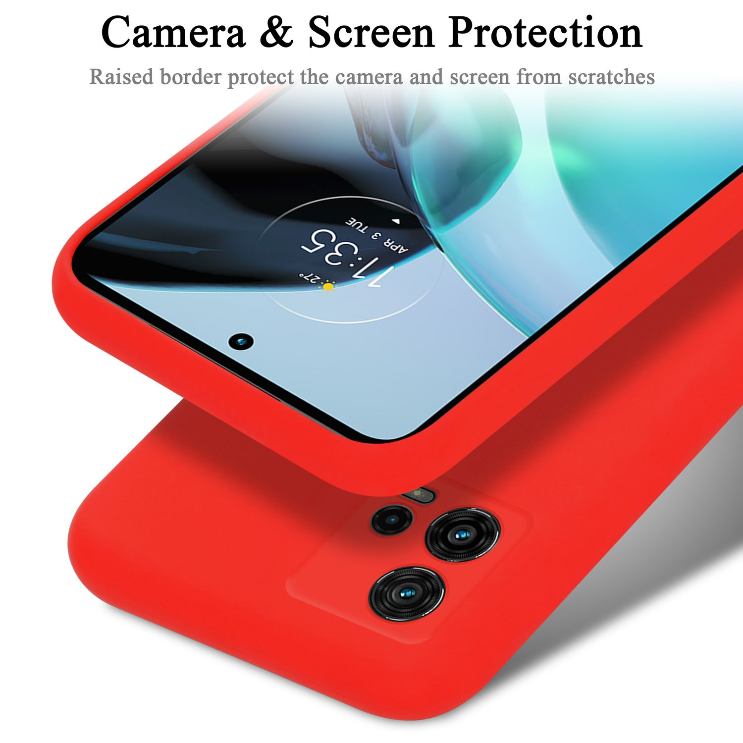 Custodia per telefono rossa con due obiettivi della fotocamera e uno schermo. La custodia ha un bordo rialzato per la protezione della fotocamera.