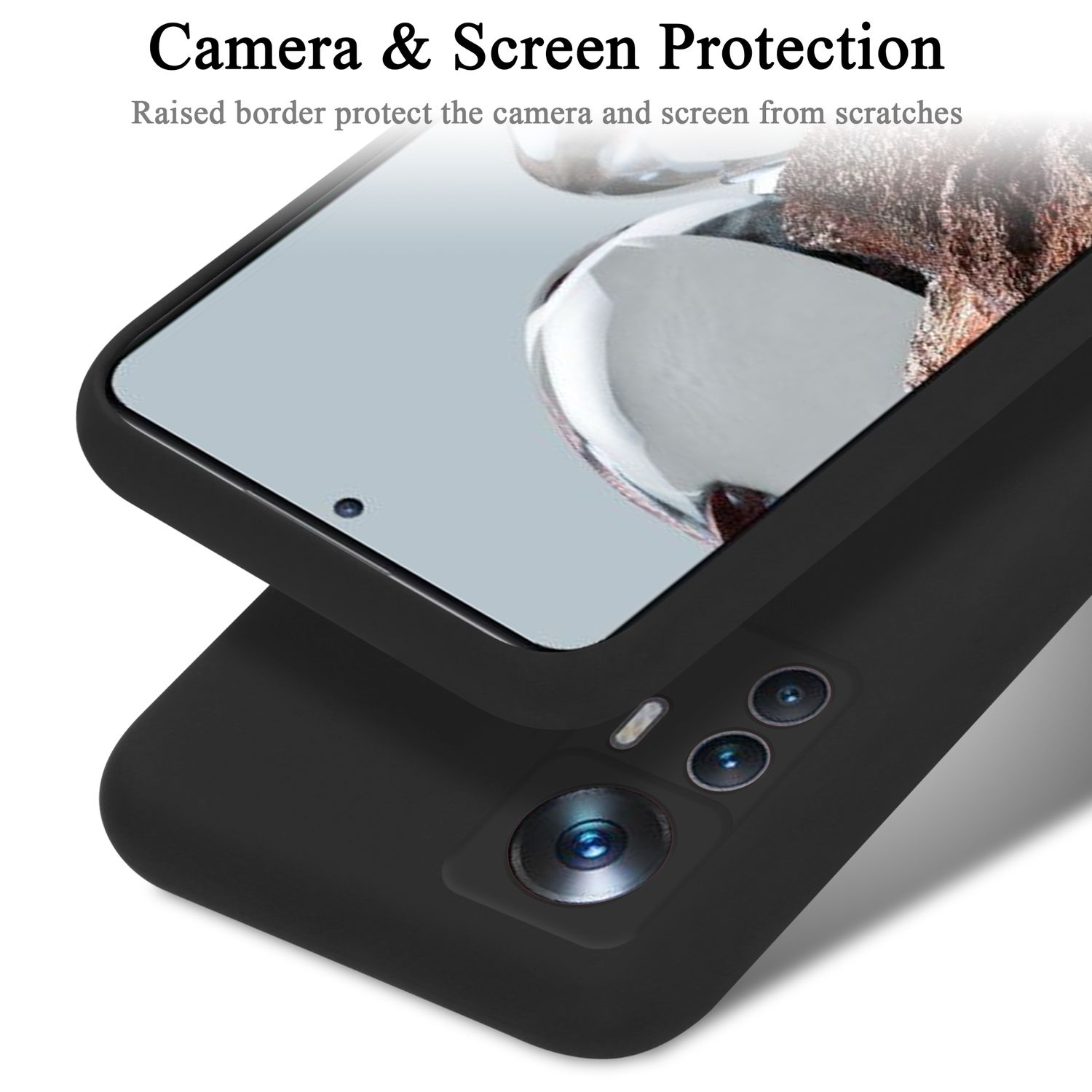 Schwarze Handyhülle mit Kamera- und Displayschutz. Das Telefon ist teilweise sichtbar.