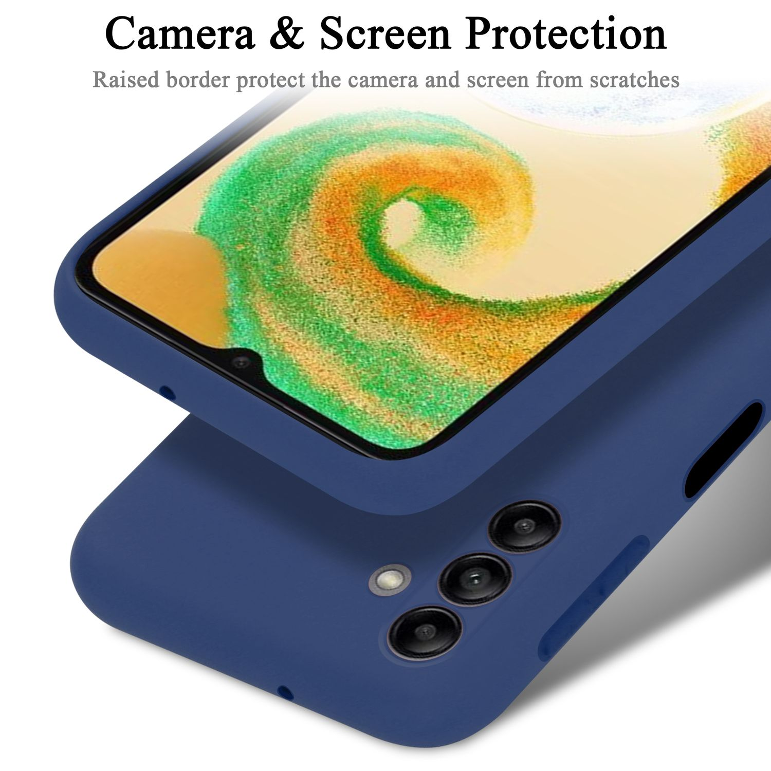 Blaue Handyhülle schützt ein Telefon. Text: Kamera- & Bildschirmschutz. Erhöhter Rand für Kamera & Bildschirm.
