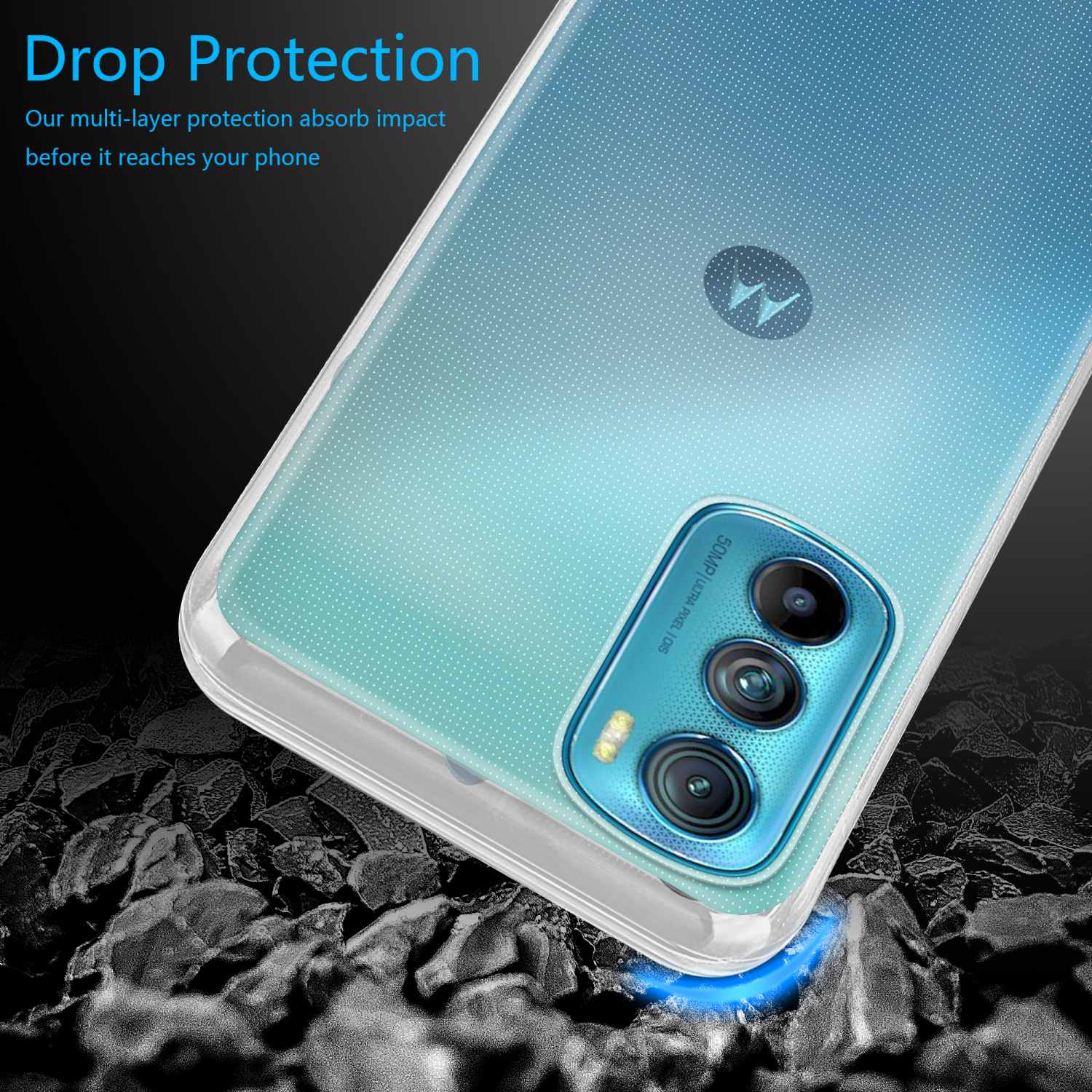 Telefono in una custodia trasparente su sfondo nero con testo di protezione dalle cadute.