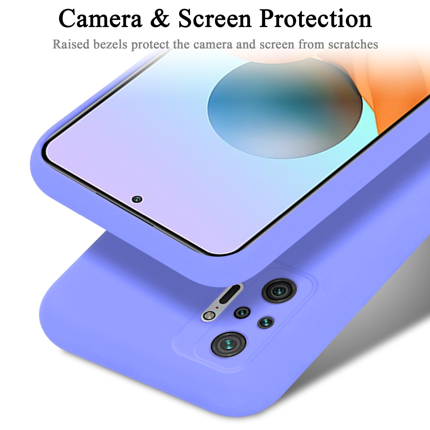 Un telefono viola con protezione schermo. Il testo Camera & Screen Protection è in alto.