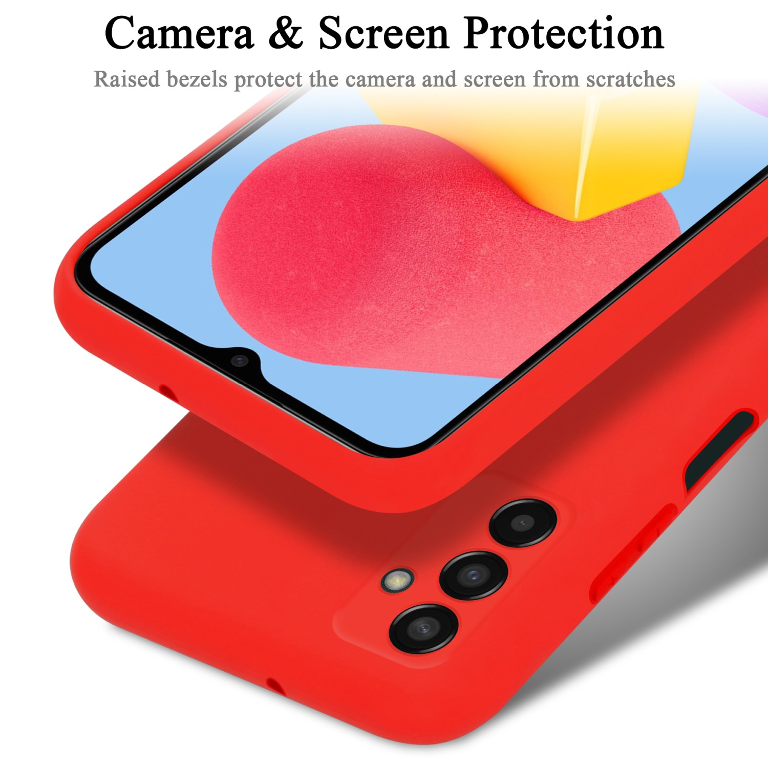 Rote Handyhülle. Das Telefon ist blau. Kamera- und Bildschirmschutz wird beworben.