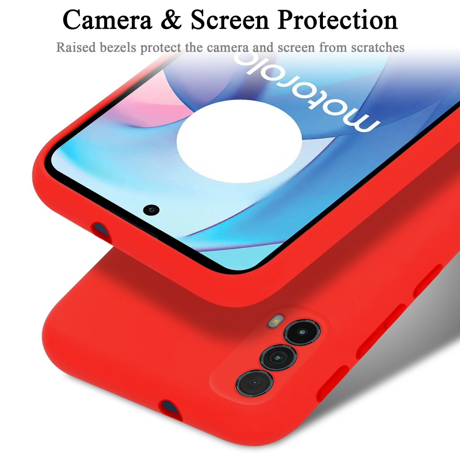 Custodia per telefono rossa che protegge la fotocamera e lo schermo.