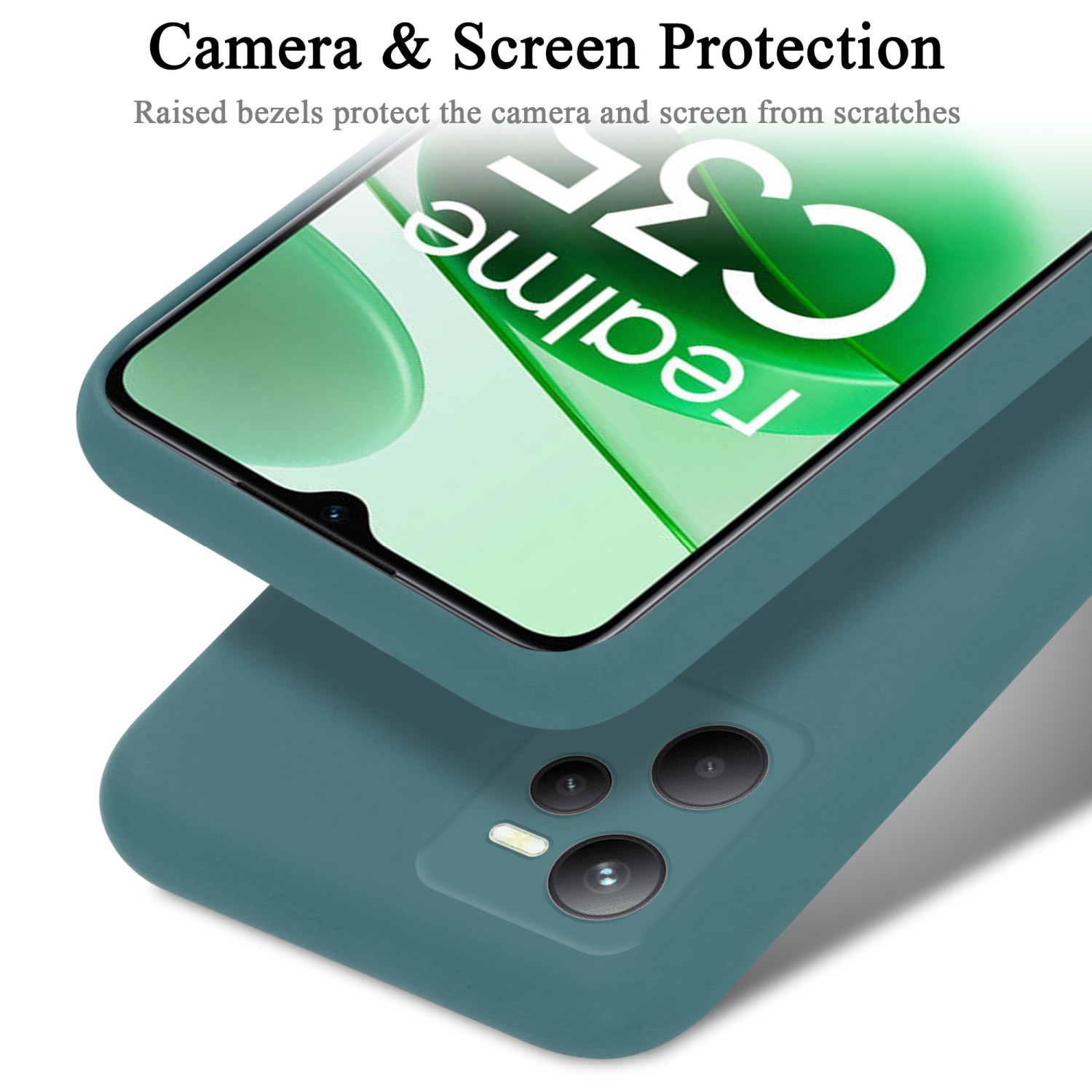 Türkisfarbene Handyhülle mit Displayschutz. Text: 'Kamera & Bildschirmschutz'. Realme C3 auf dem Bildschirm.