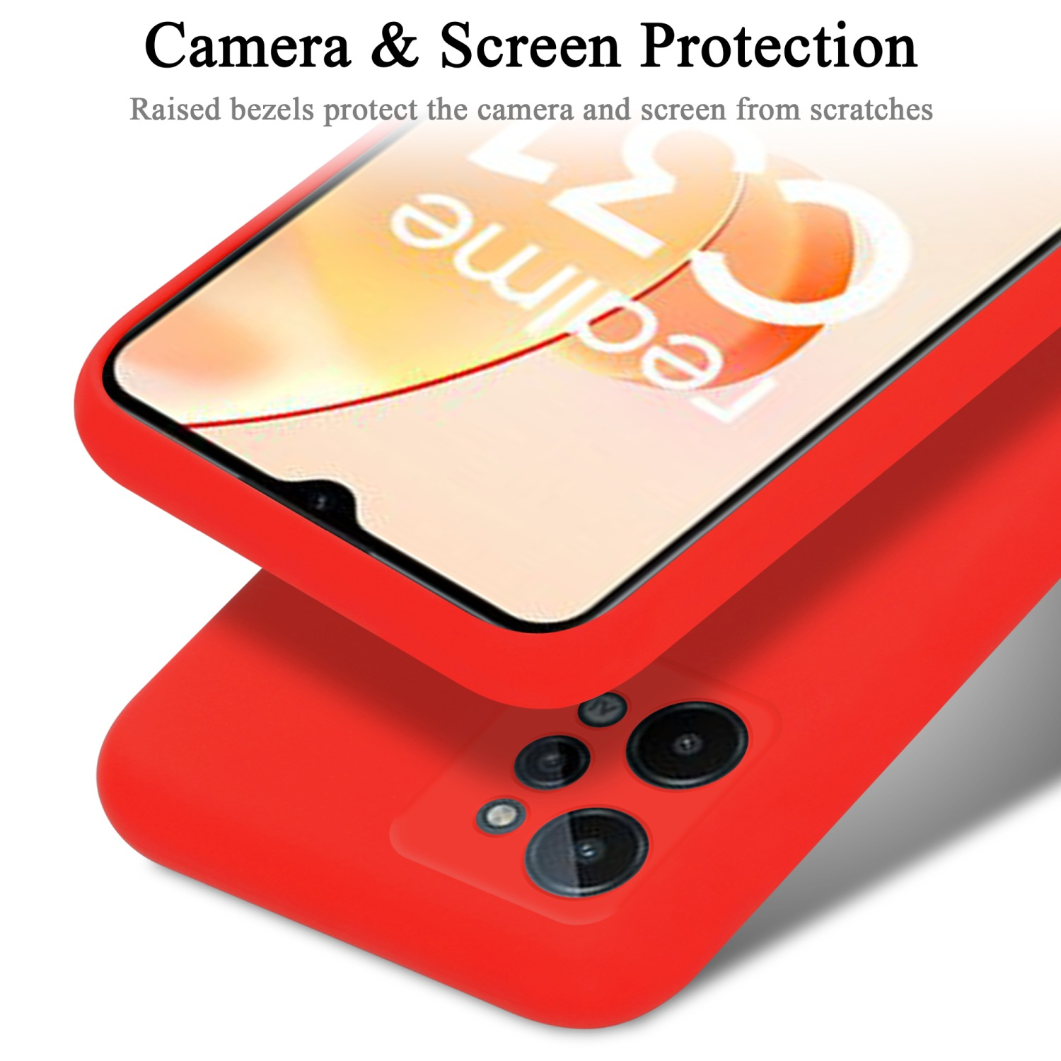Rote Handyhülle mit Telefon. Nahaufnahme von Telefon und Kamera. Kamera hinten sichtbar.
