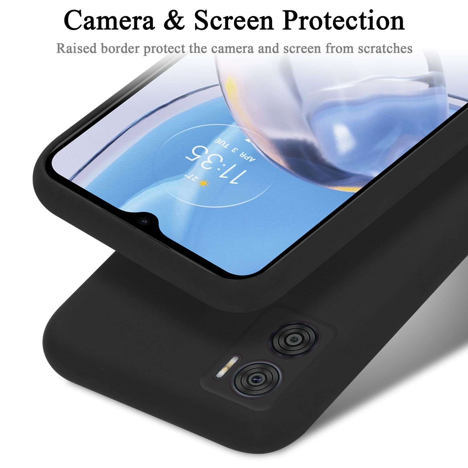 Schwarze Handyhülle auf einem Telefon mit Bildschirm. Text: Kamera- und Bildschirmschutz.