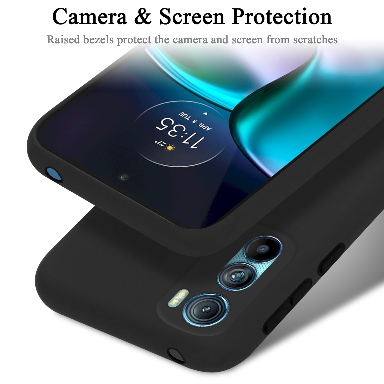 Eine schwarze Handyhülle mit einem Telefon darin, die Kamera und den Bildschirmschutz hervorhebt.