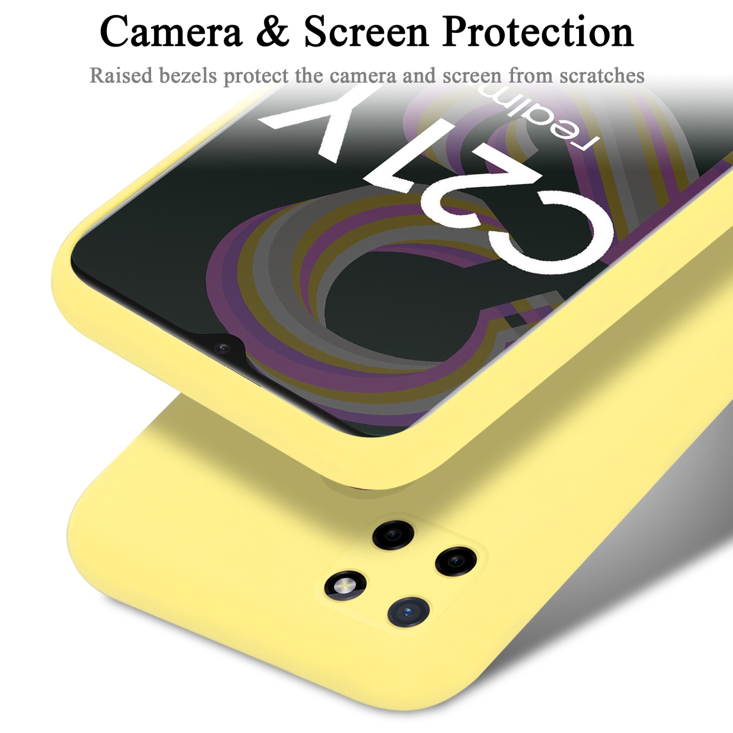 Gelbe Handyhülle mit Telefonbildschirm. Der Bildschirm zeigt das Realme C21X Logo.