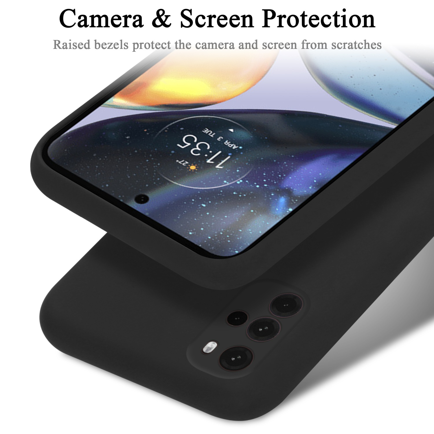Schwarze Handyhülle mit Telefon. Die Hülle liegt über dem Telefon und zeigt dessen Bildschirm und Kamera.