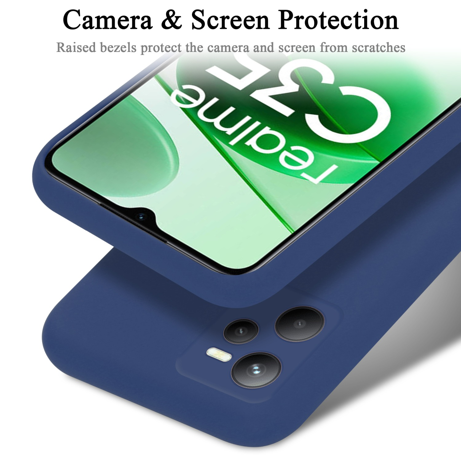 Blaue Handyhülle mit Telefon darin. Nahaufnahme der Rückseite, zeigt Kamera und Gehäuseschutz.