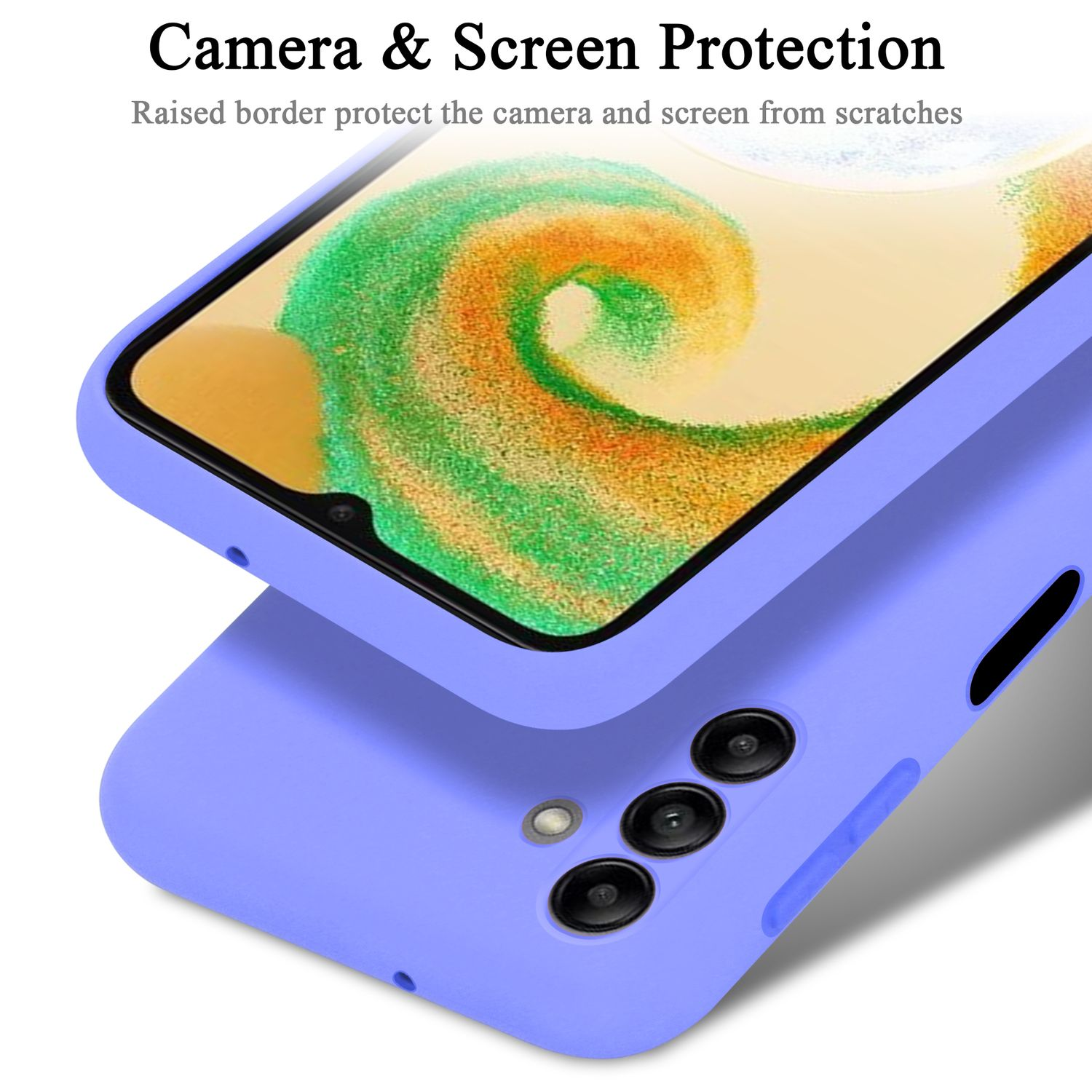 Lila Handyhülle mit Telefon. Der Bildschirm zeigt ein farbenfrohes Design.