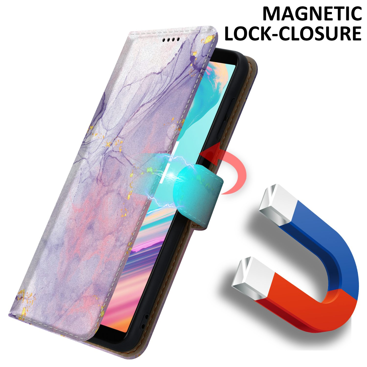 Una custodia per telefono con un design a marmo viola, una chiusura magnetica e un magnete.
